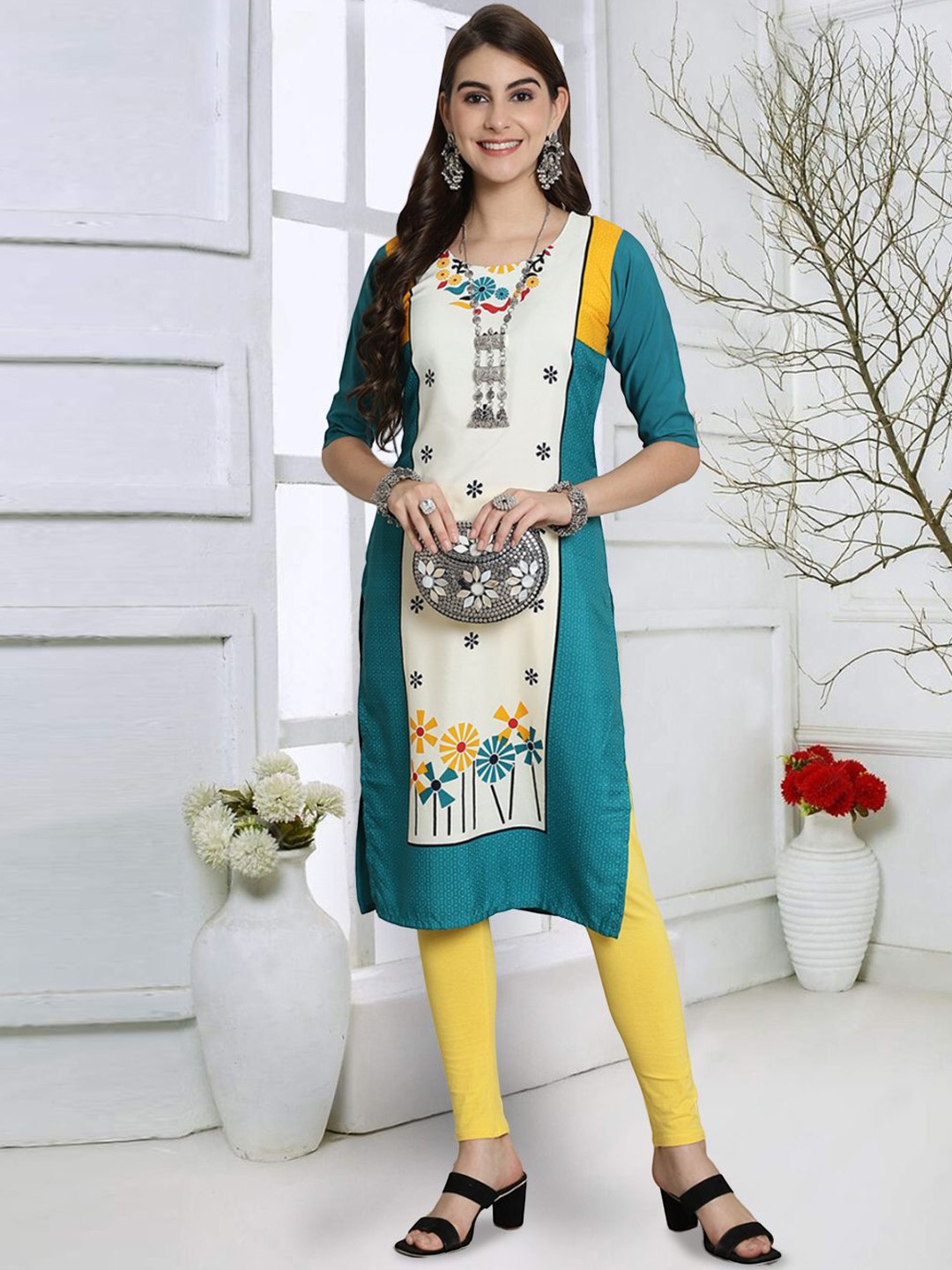 

7Threads Floral Printed Round Neck Straight Kurta, Green