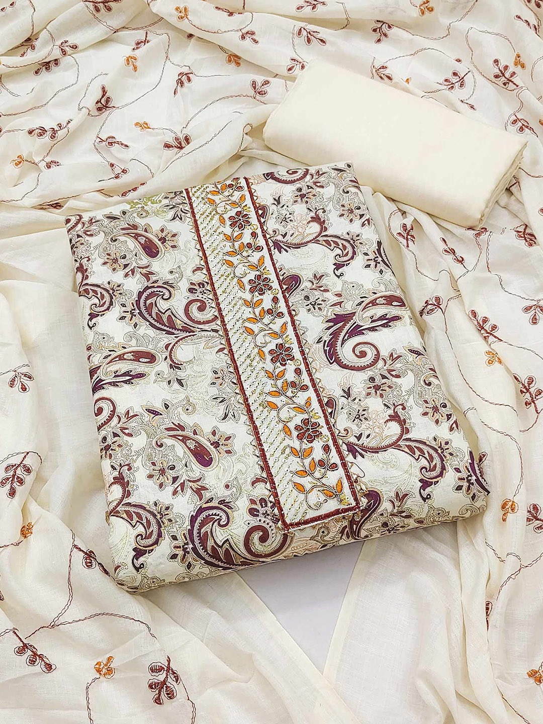

Peachmode Floral Printed Zardozi Pure Cotton Unstitched Dress Material, Cream