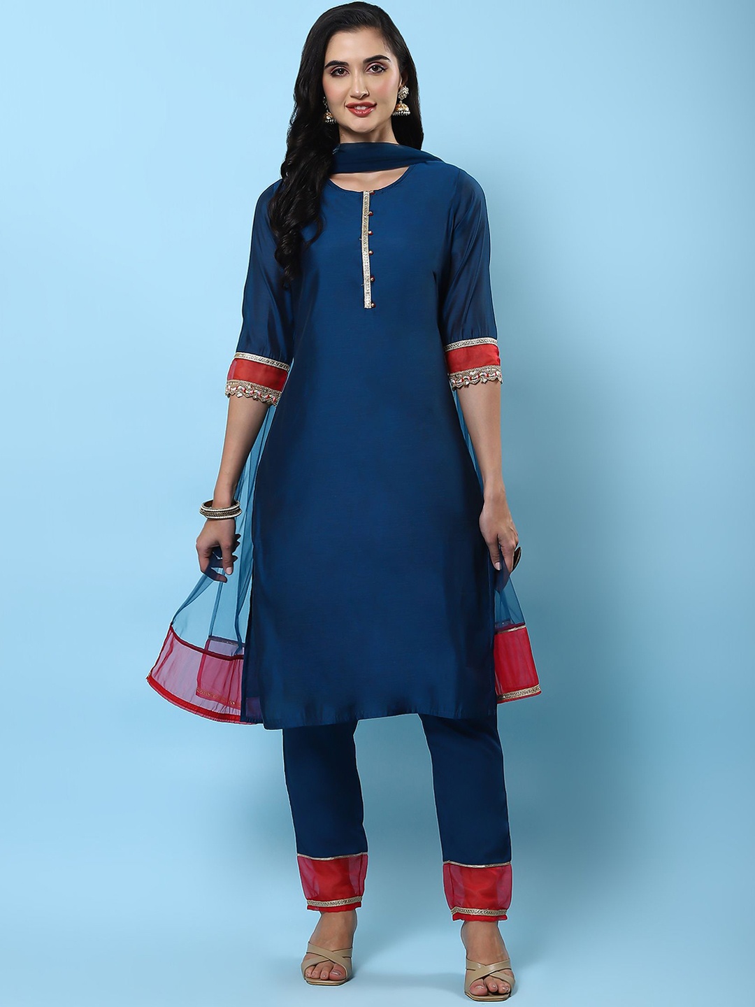 

Shree Round Neck Straight Kurta with Trousers & Dupatta, Teal