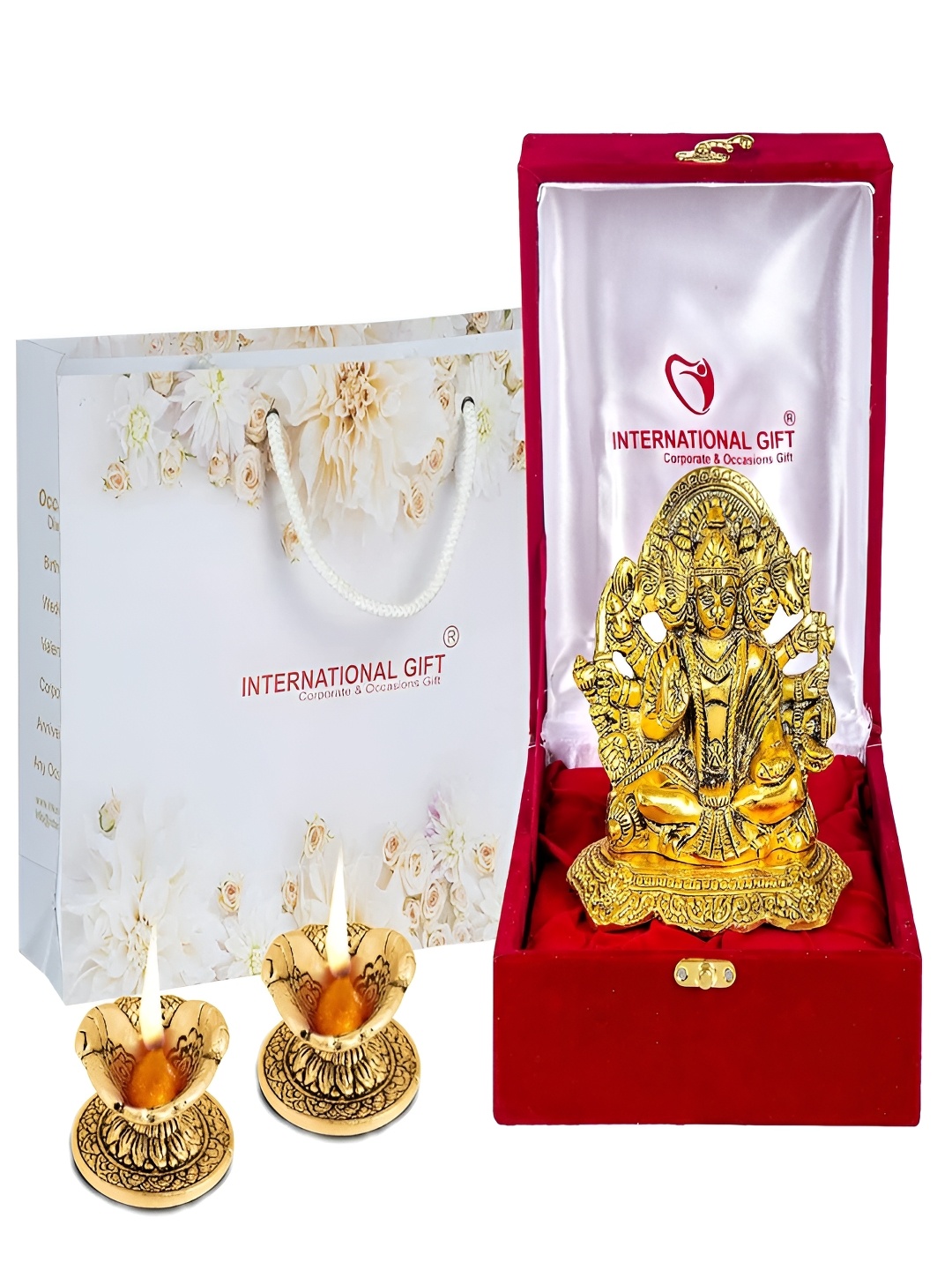 

INTERNATIONAL GIFT 3 Pieces Panchmukhi Hanuman Idol & Hand Diya With Box, Gold