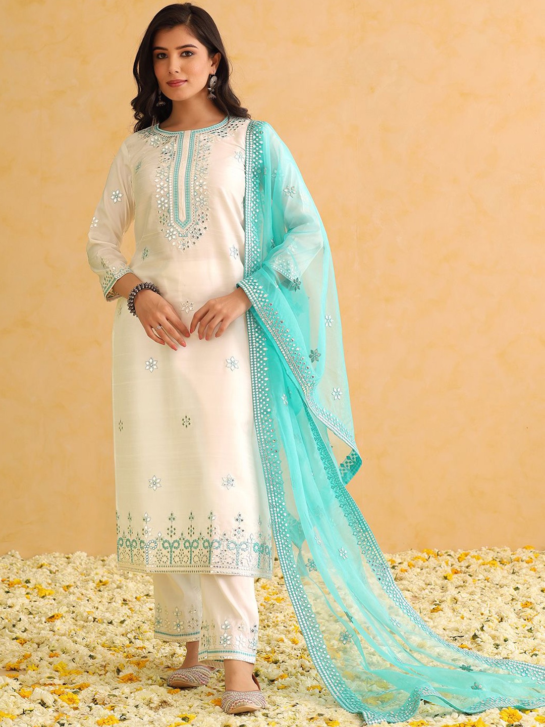 

AHIKA Floral Embroidered Mirror Work Straight Kurta With Trouser & Dupatta, White