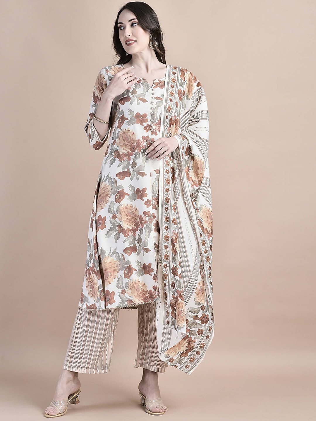 

Shree Floral Printed Straight Kurta With Trousers & Dupatta, Cream