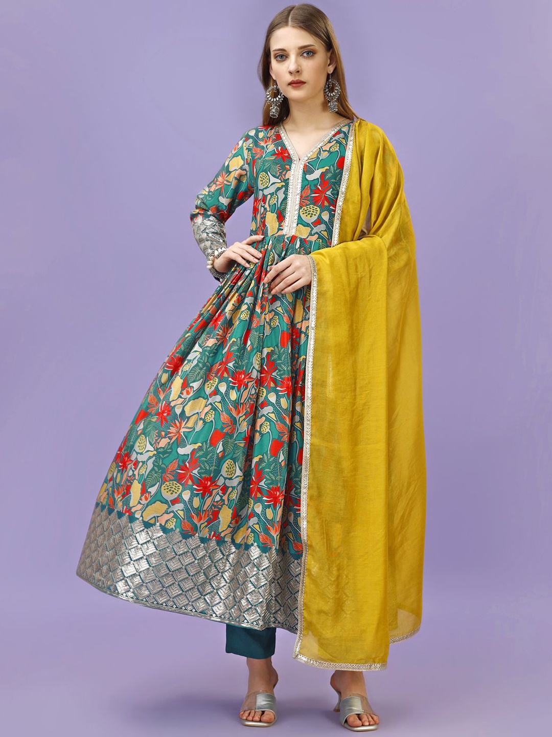 

KALINI Floral Printed Anarkali Kurta with Trousers & Dupatta, Green