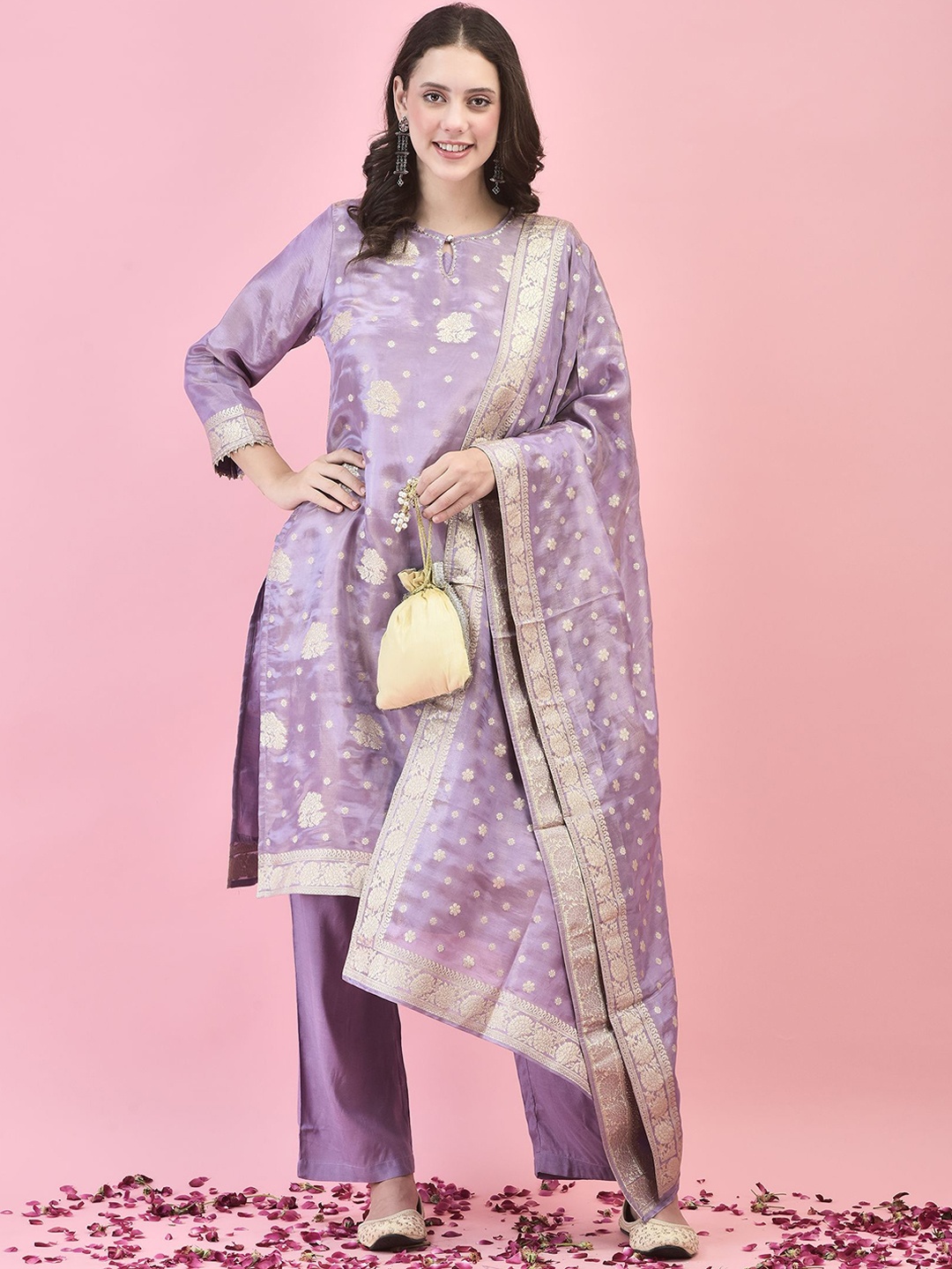 

Shree Keyhole Neck Woven Design Sequinned Straight Kurta with Trousers & Dupatta, Lavender