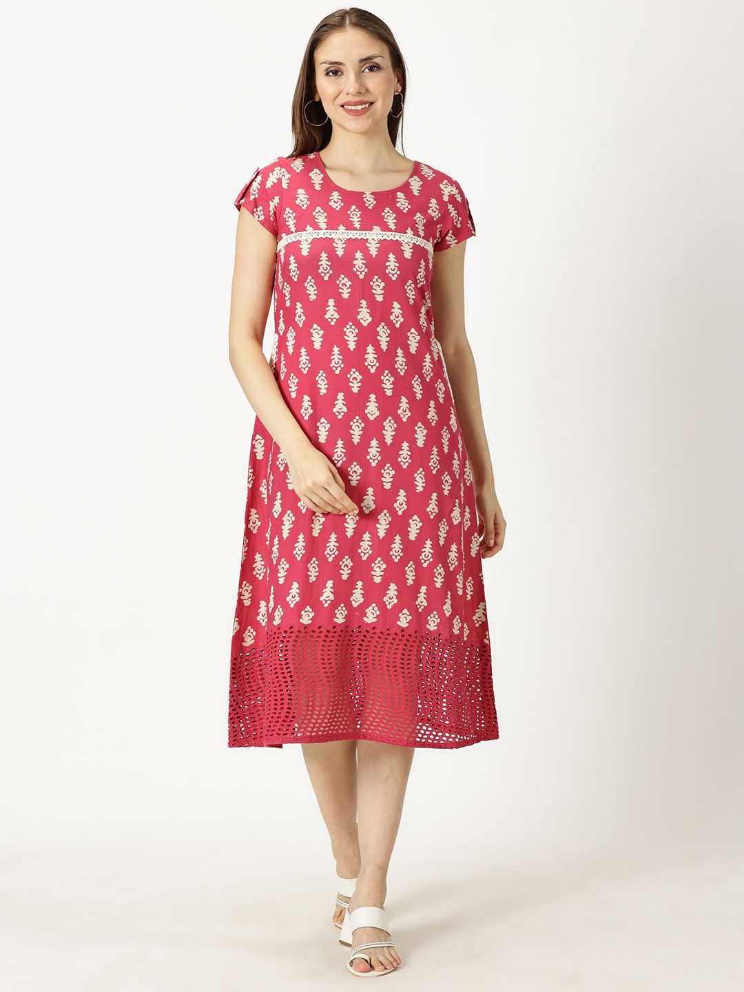 

Saffron Threads Printed A-Line Midi Dress, Pink