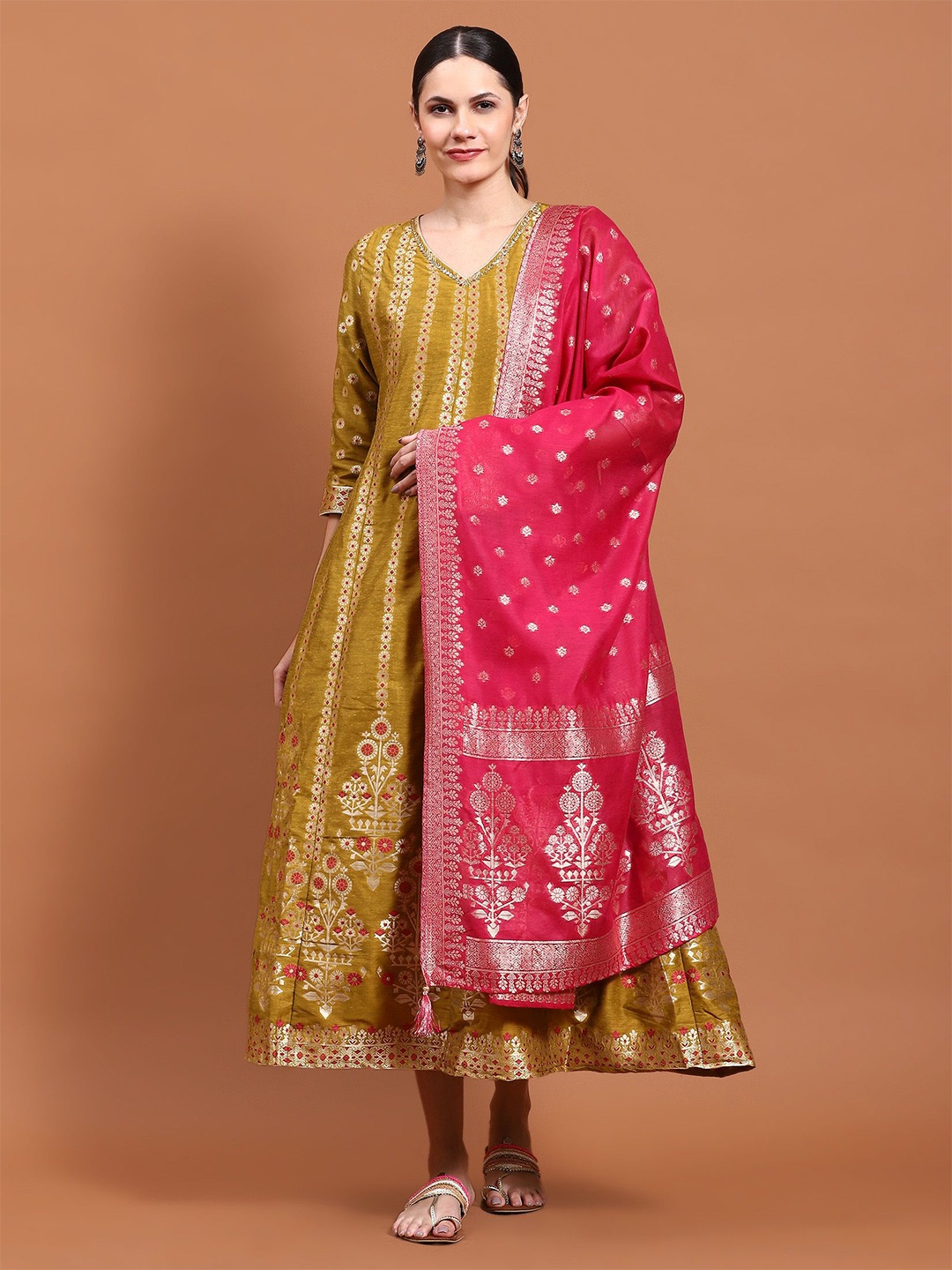 

Shree Women Ethnic Motifs Embroidered V-Neck A-Line Midi Dress, Mustard