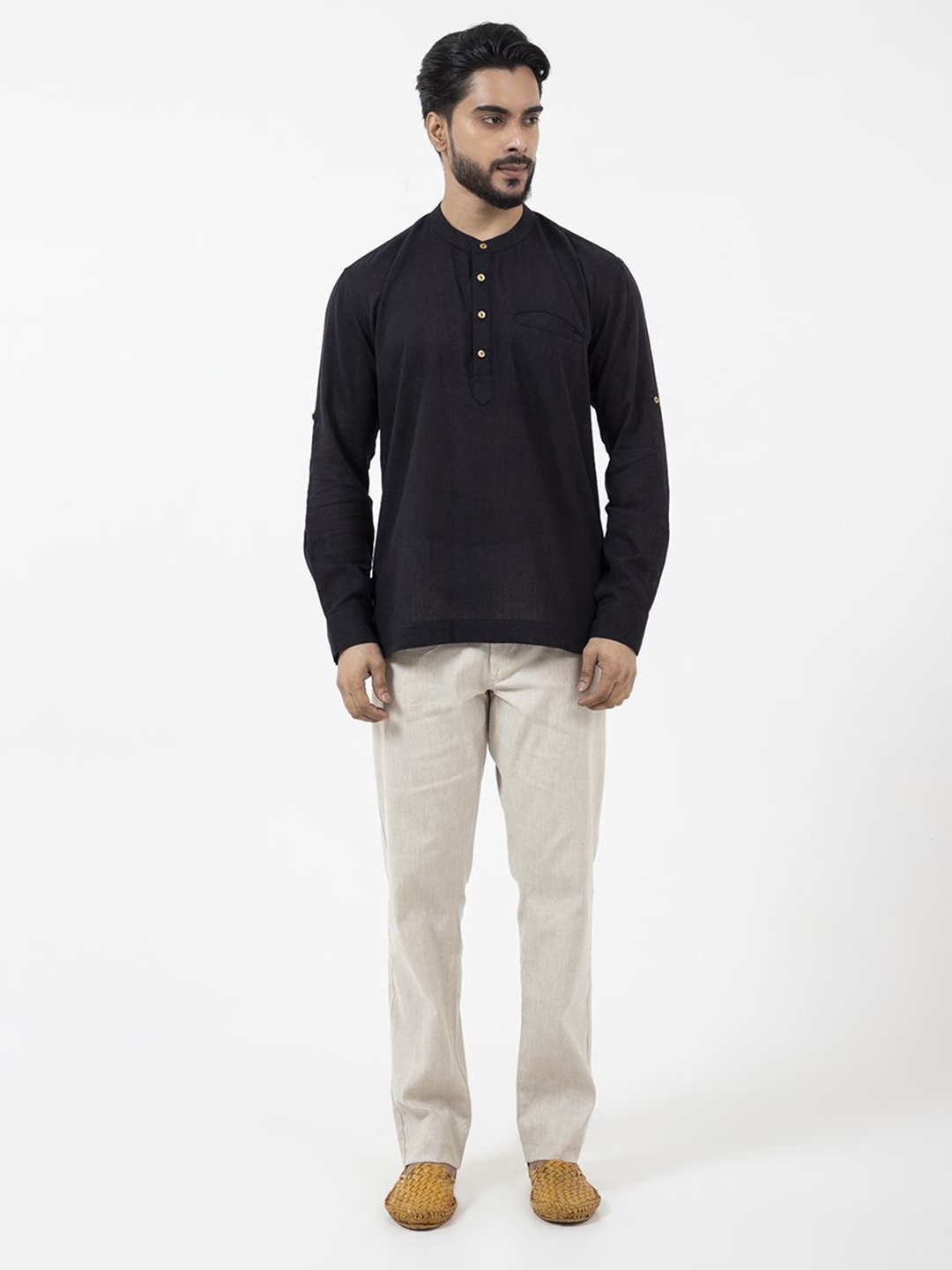 

Inkriti Men Classic Band Collar Solid Organic Cotton Casual Shirt, Black