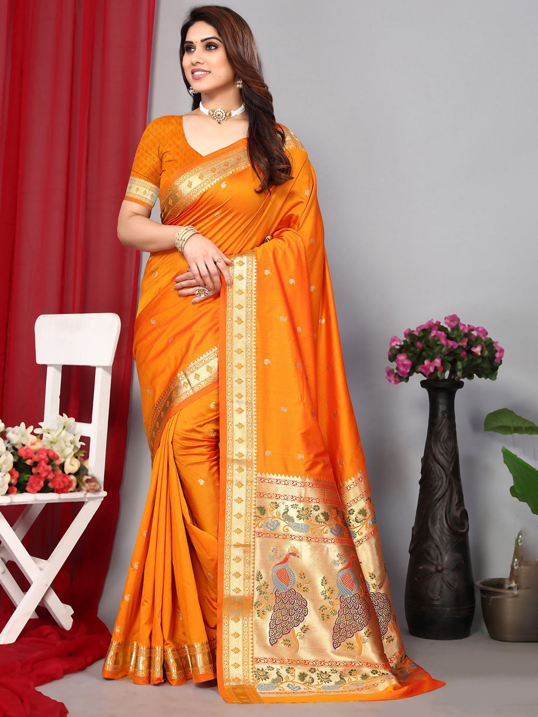 

Ekta Textiles Ethnic Motifs Zari Pure Silk Paithani Saree, Mustard