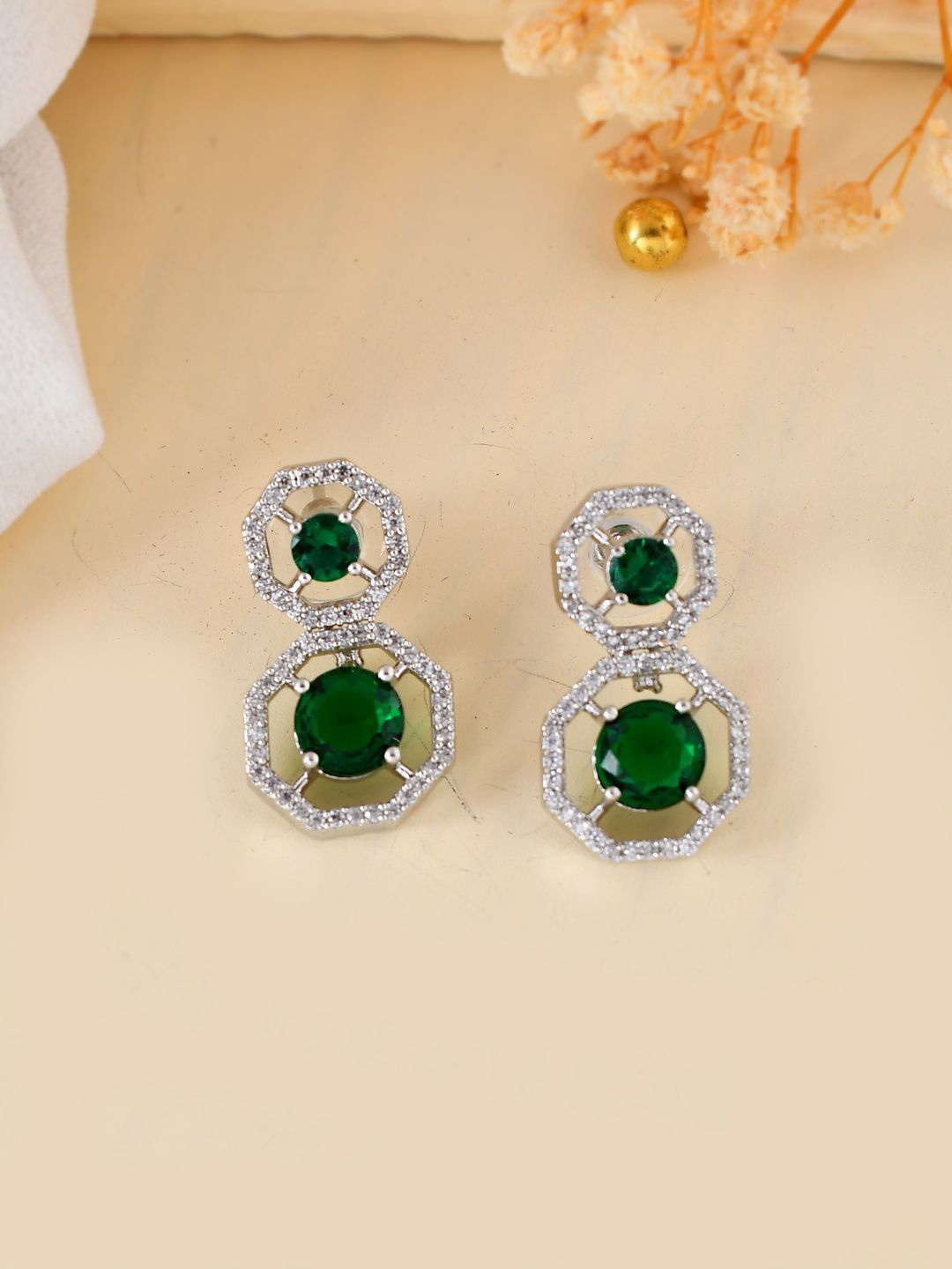 

Silvermerc Designs Silver-Plated American Diamond Studded Square Brass Drop Earrings