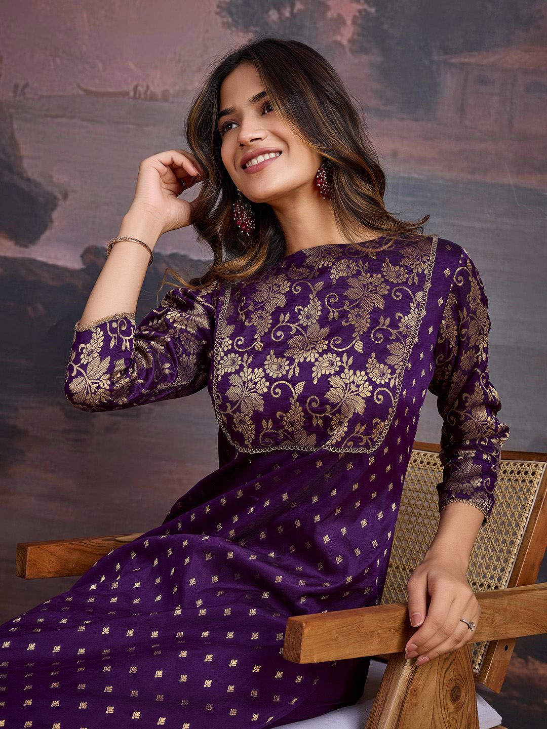 

House of Pataudi Ethnic Motifs Woven Design Kurta Set, Violet