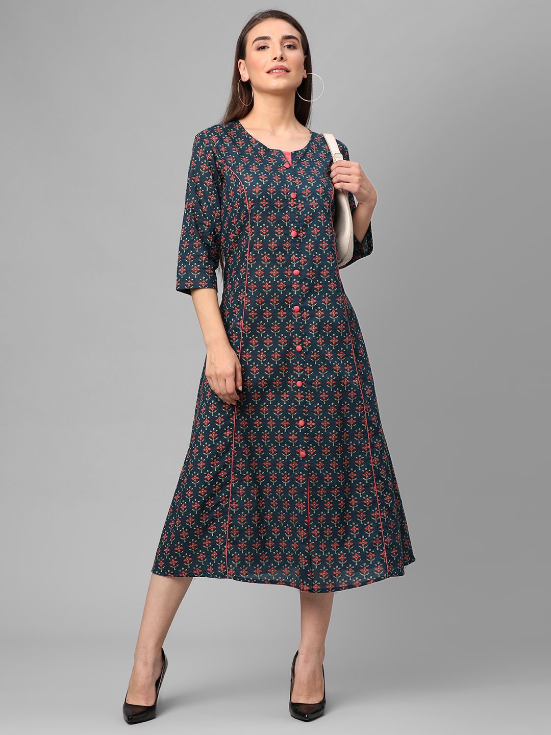 

Shree Women Floral Printed A-Line Midi Dress, Blue