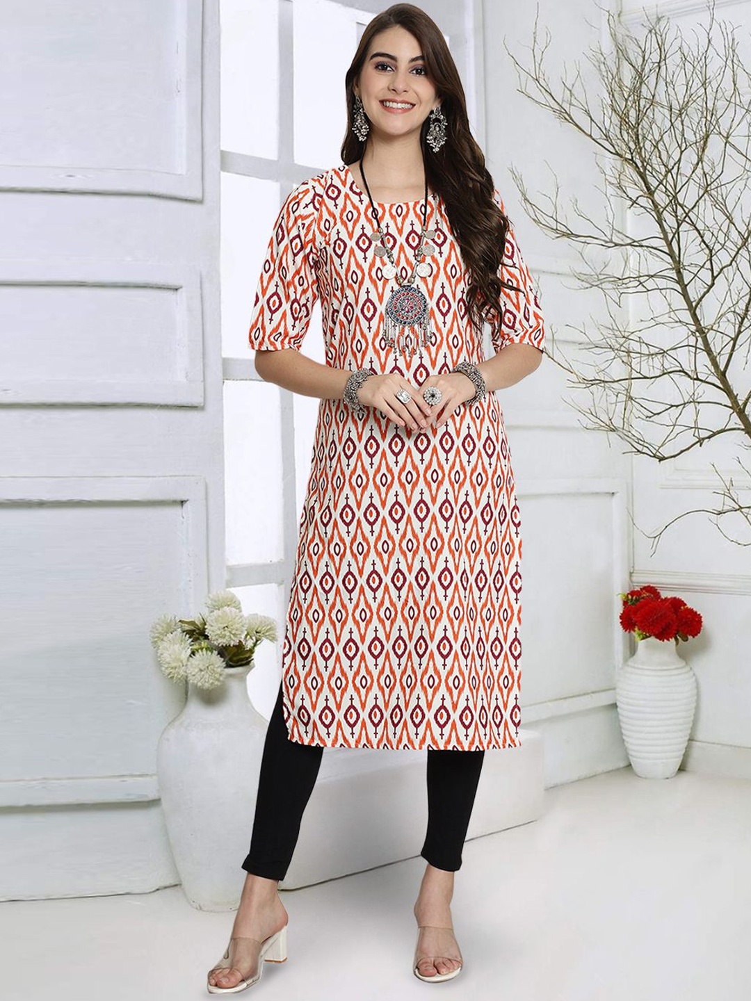 

7Threads Geometric Printed Round Neck Straight Kurta, White