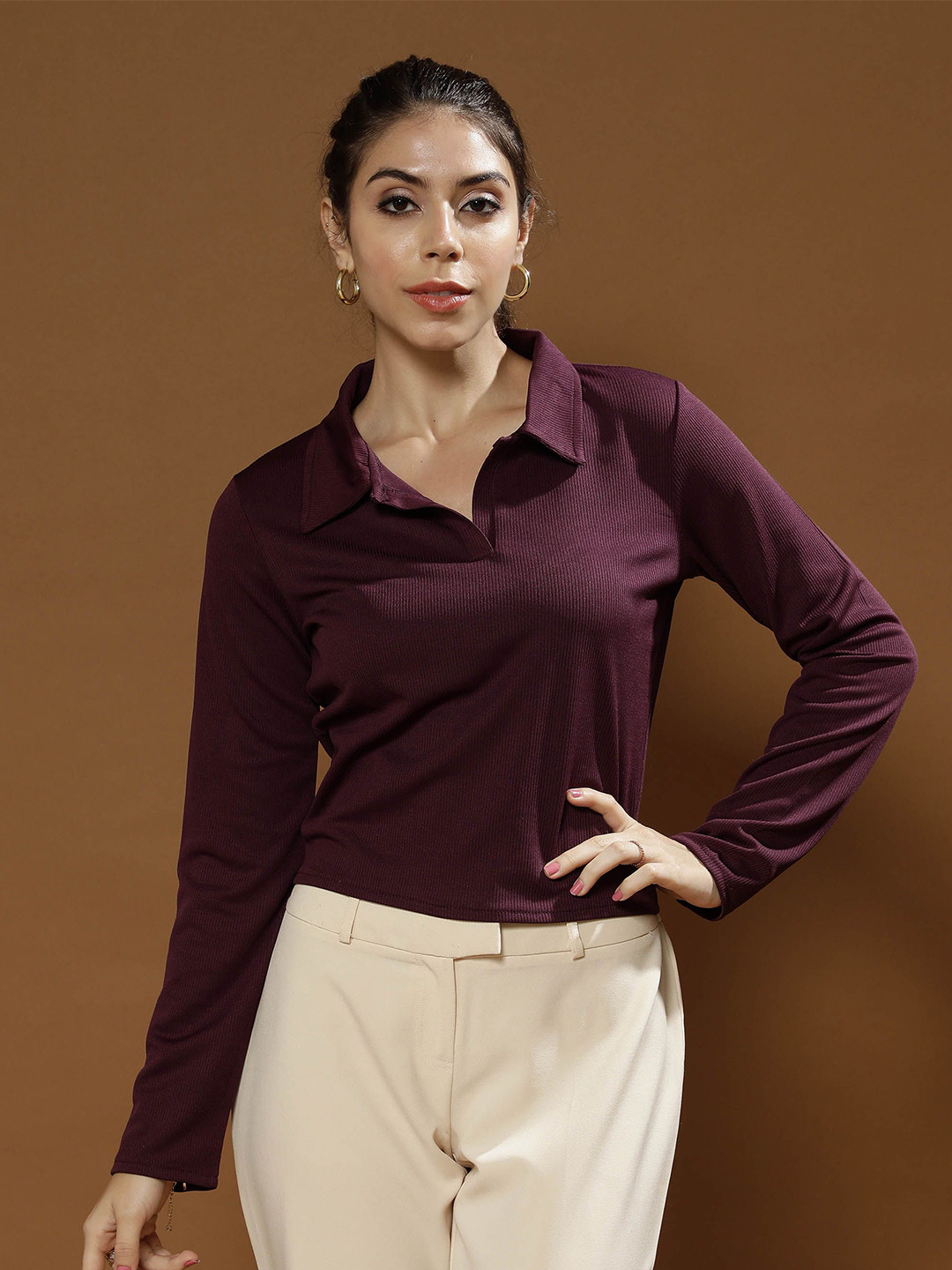 

Athena Immutable Women Solid Shirt Collar Top, Purple
