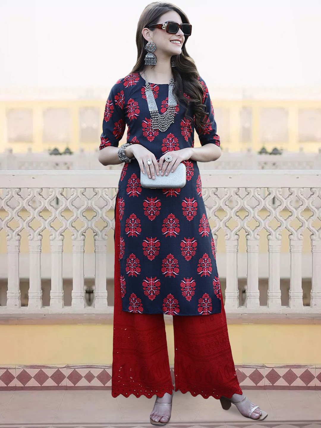 

7Threads Ethnic Motifs Printed Round Neck Straight Kurta, Navy blue
