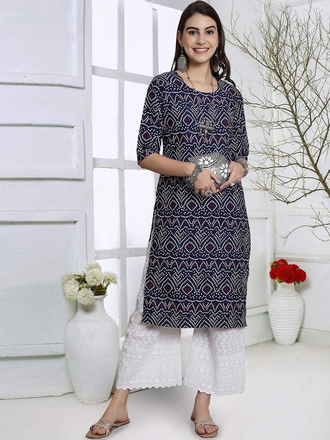 

7Threads Bandhani Printed Straight Kurta, Blue