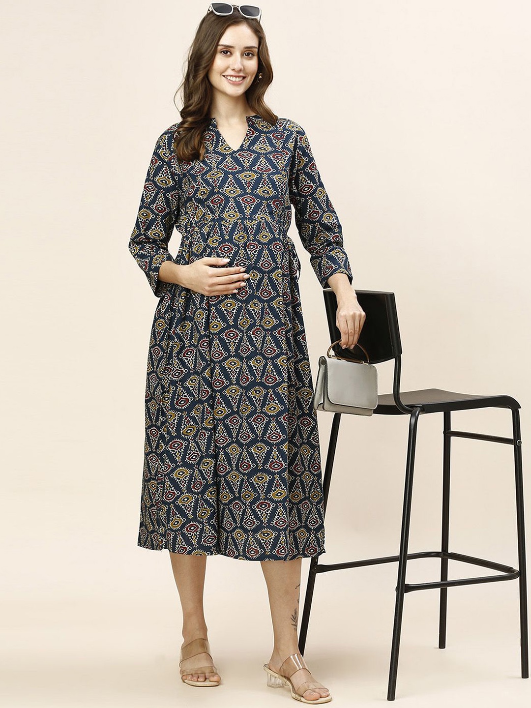 

MomToBe Women Printed Cotton Maternity Fit and Flare Ethnic Dress, Navy blue