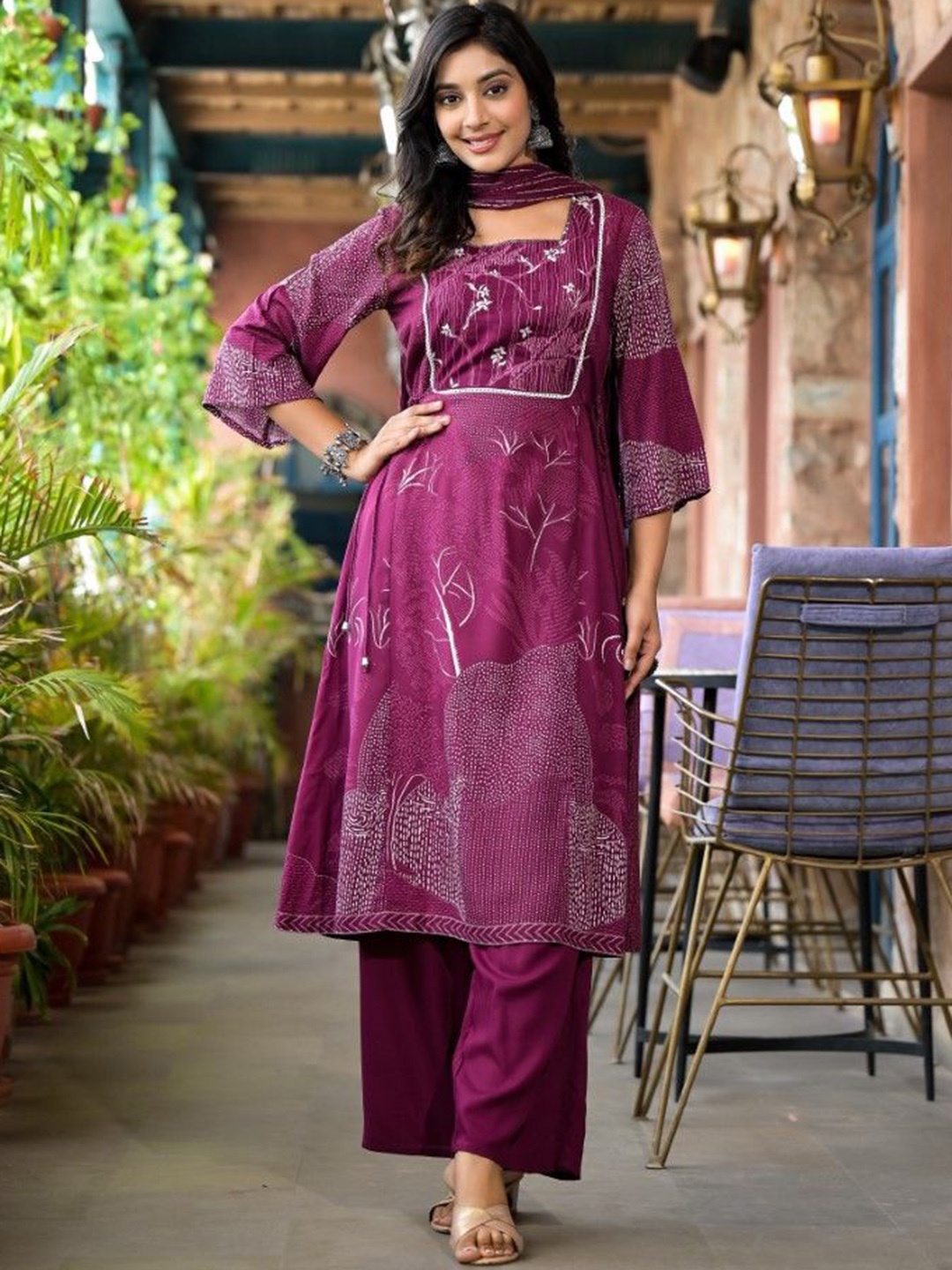 

Juniper Floral Printed Thread Work A-Line Kurta With Trousers & Dupatta, Maroon