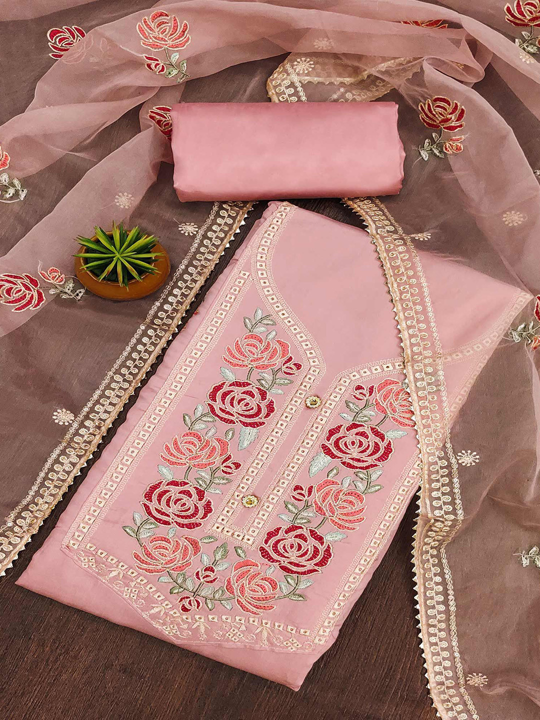 

Peachmode Embroidered Unstitched Dress Material, Peach