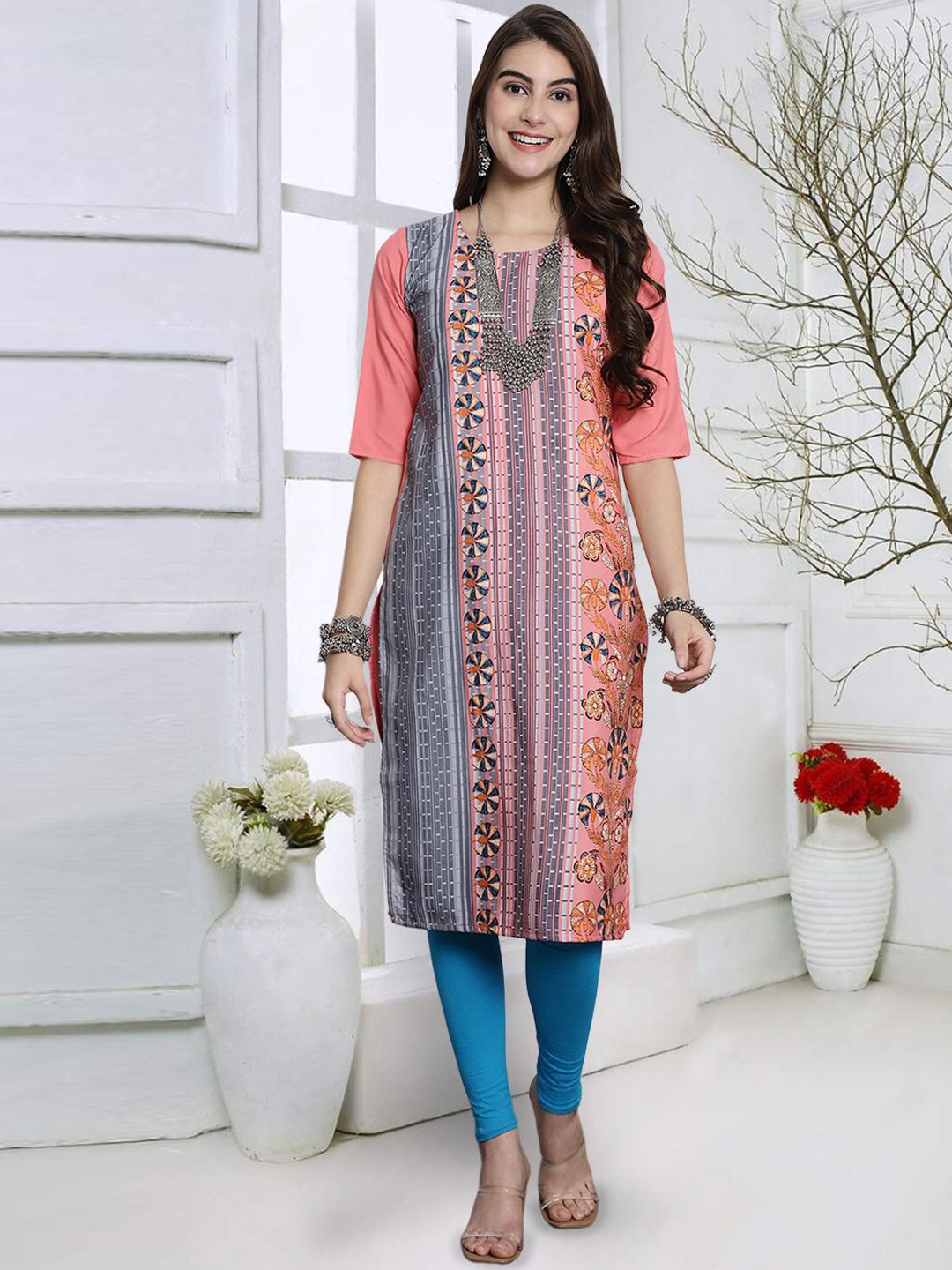 

7Threads Striped Printed Straight Kurta, Pink