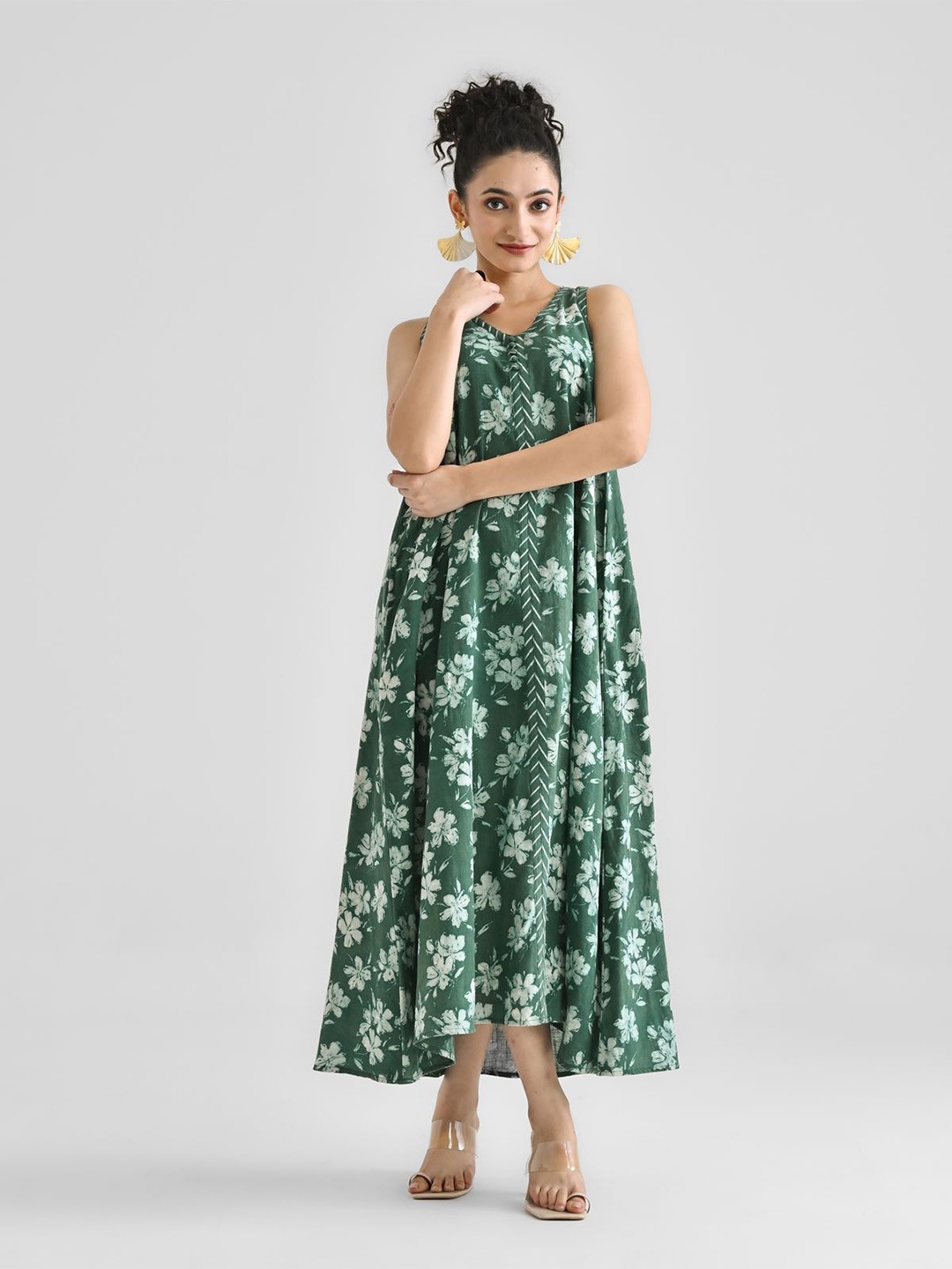 

Rustorange Women Floral Printed Cotton A-Line Maxi Dress, Green