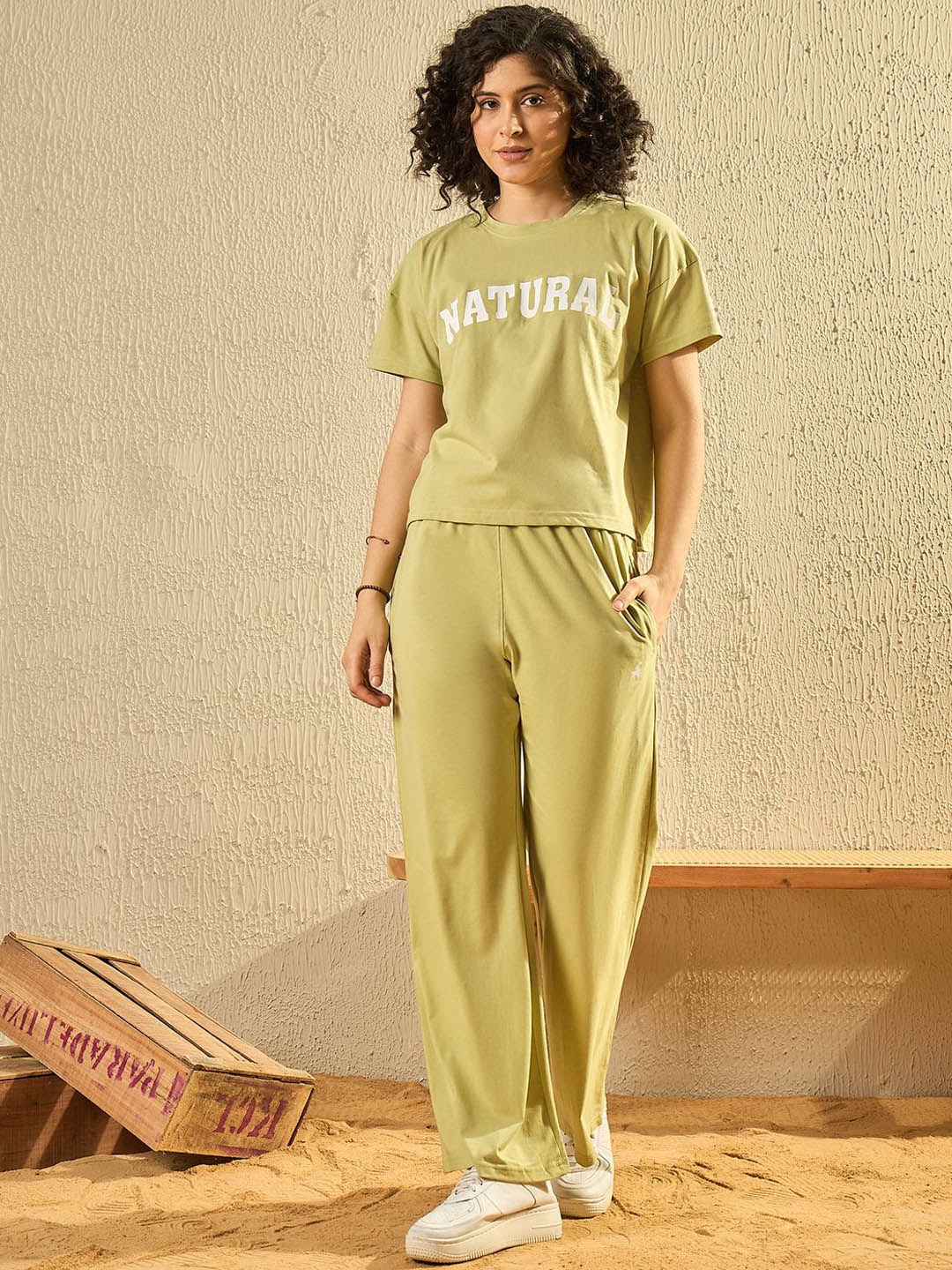 

Modeve Printed Round Neck T-Shirt With Track Pant, Green