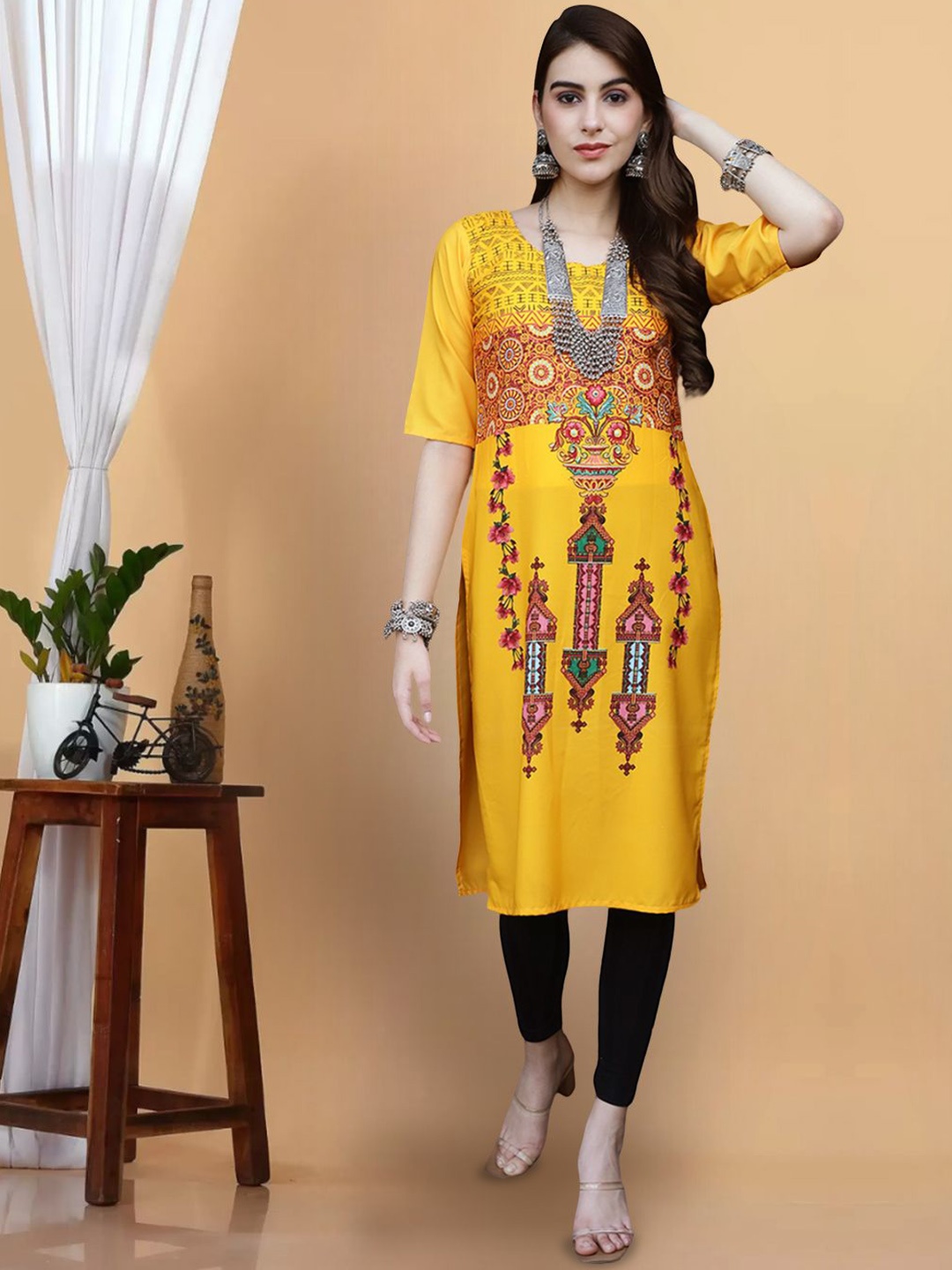 

7Threads Floral Printed Round Neck Straight Kurta, Yellow