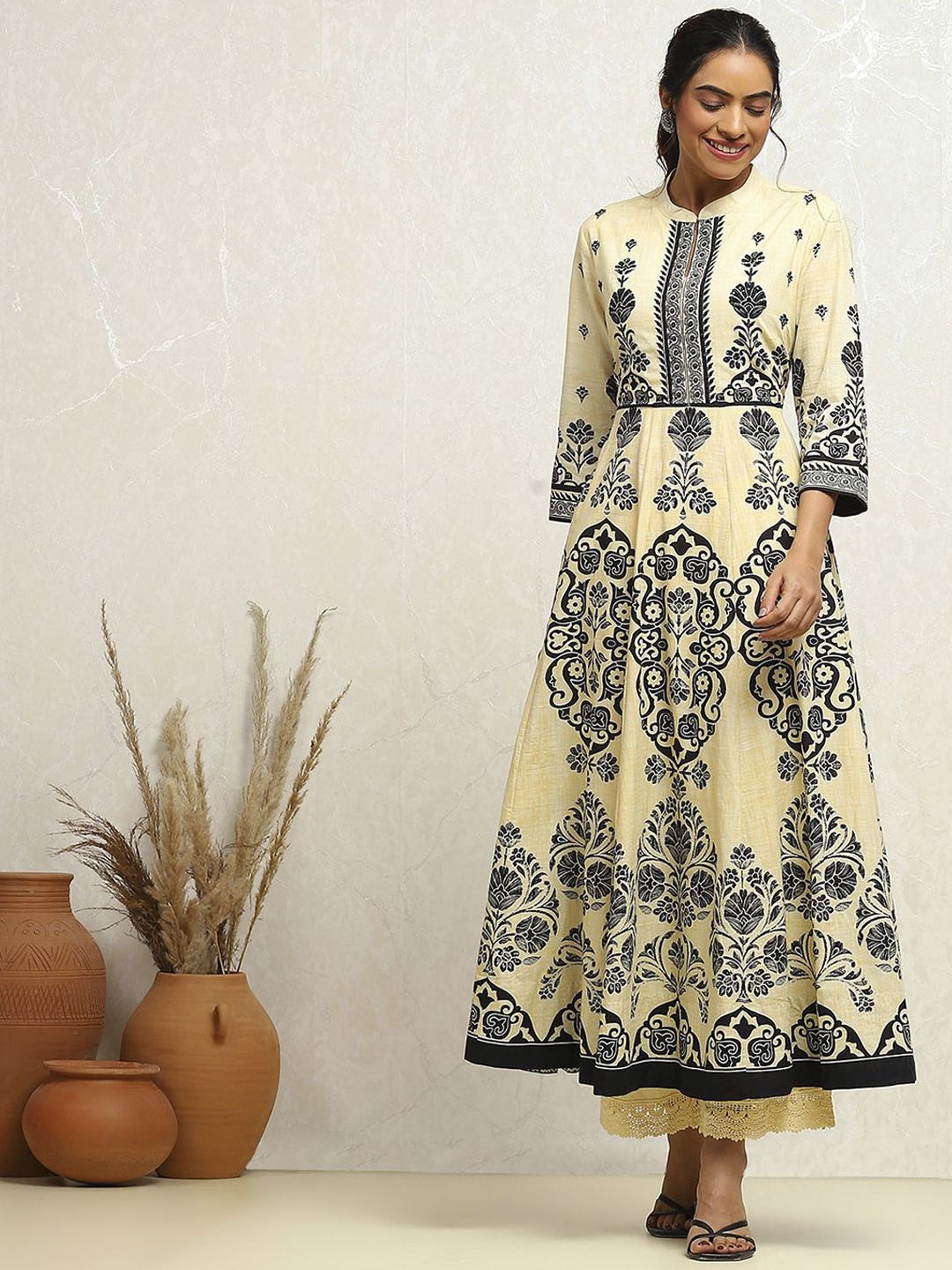 

Biba Floral Printed Regular Pure Cotton A-Line Kurta with Palazzos, Yellow