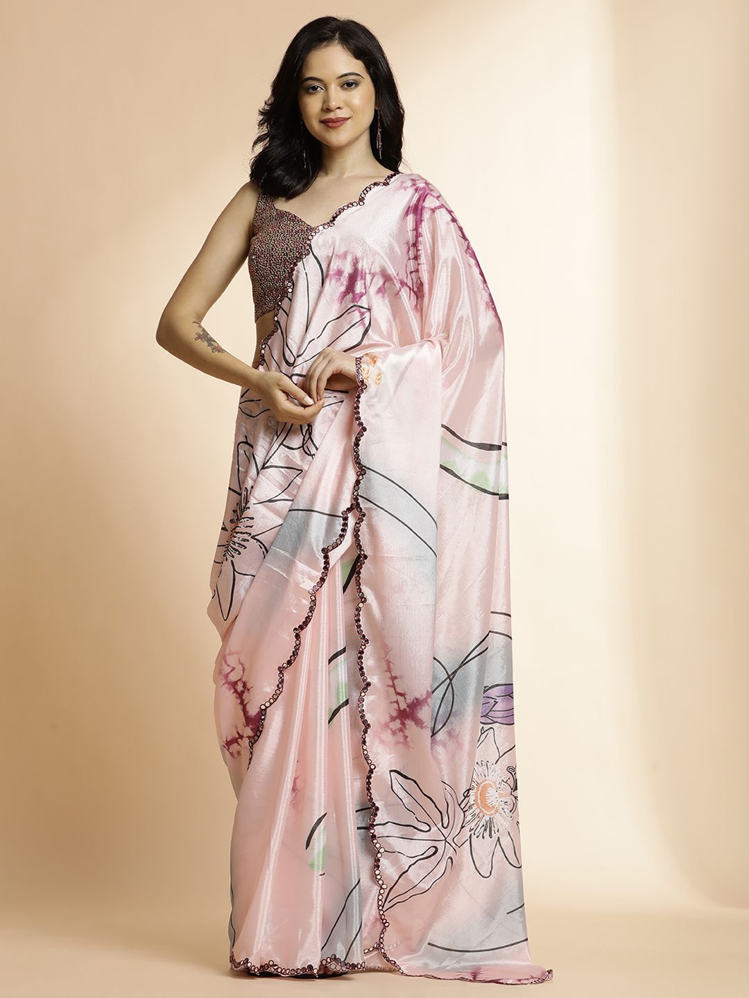 

Jaipur Kurti Floral Mirror Work Satin Saree, Peach