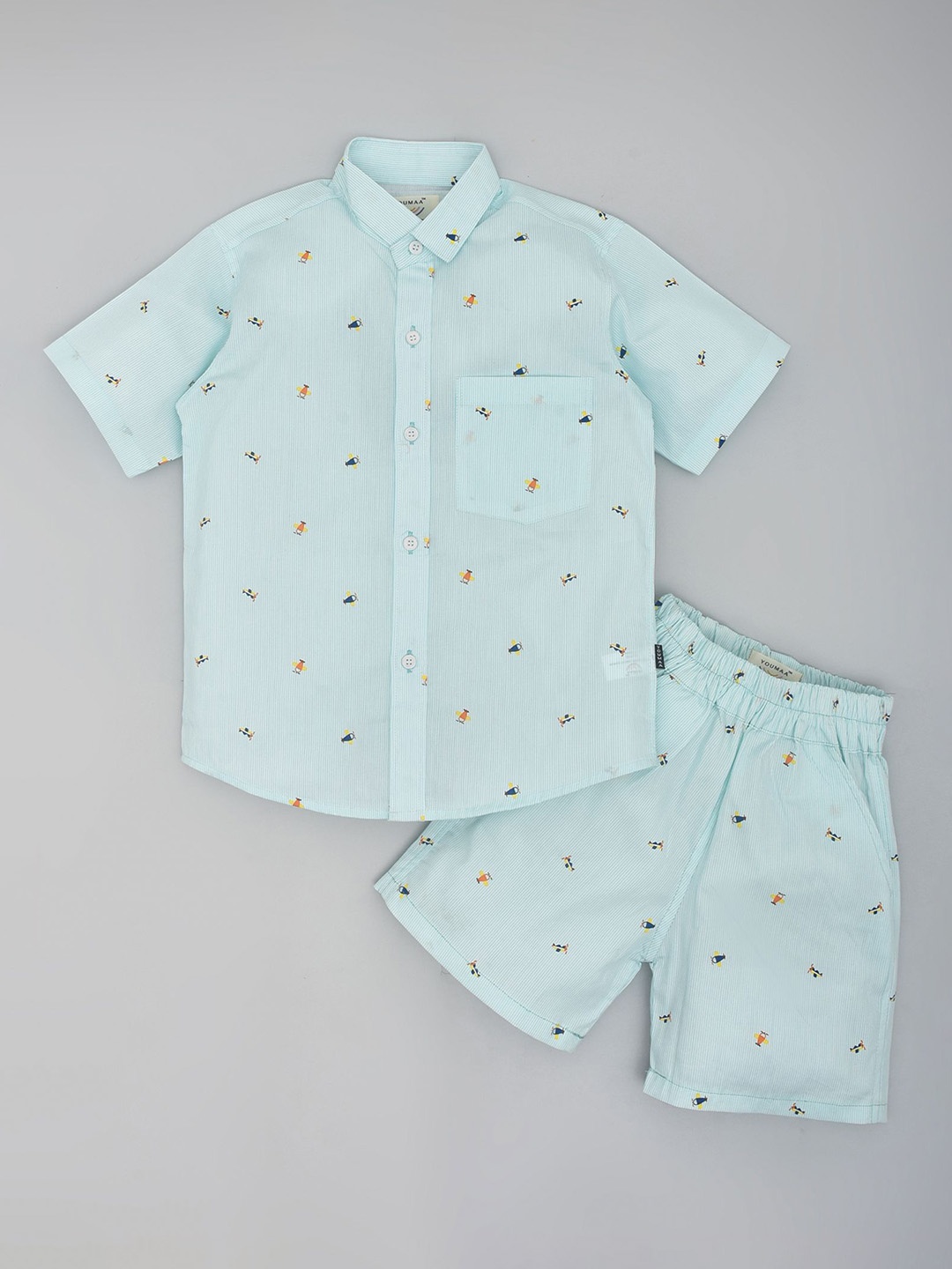 

YOUMAA Boys Printed Pure Cotton Shirt With Shorts, Blue