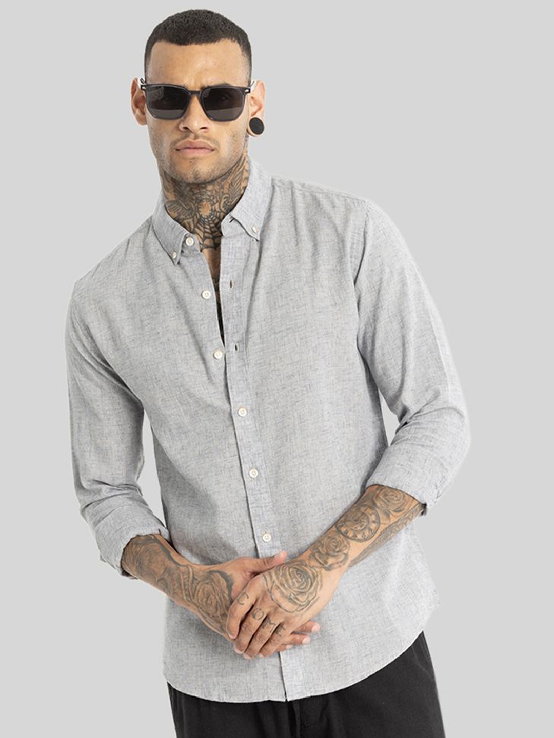 

Snitch Men Smart Button-Down Collar Solid Lyocell Slim Fit Casual Shirt, Grey