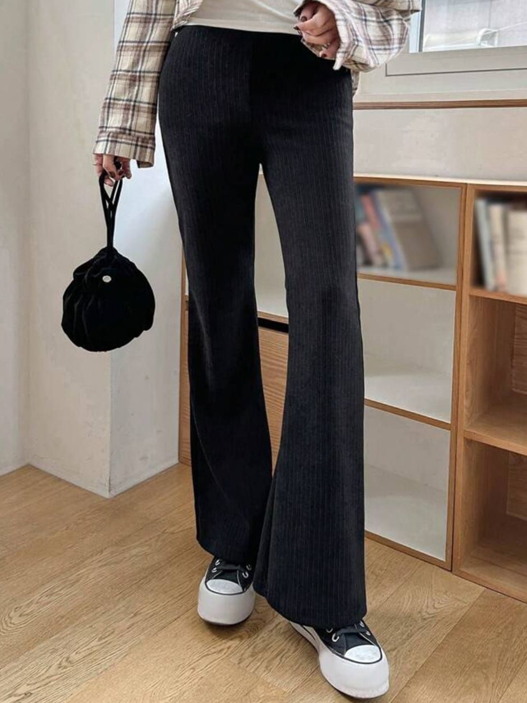 

Next One Women Solid Flared High-Rise Trousers, Black