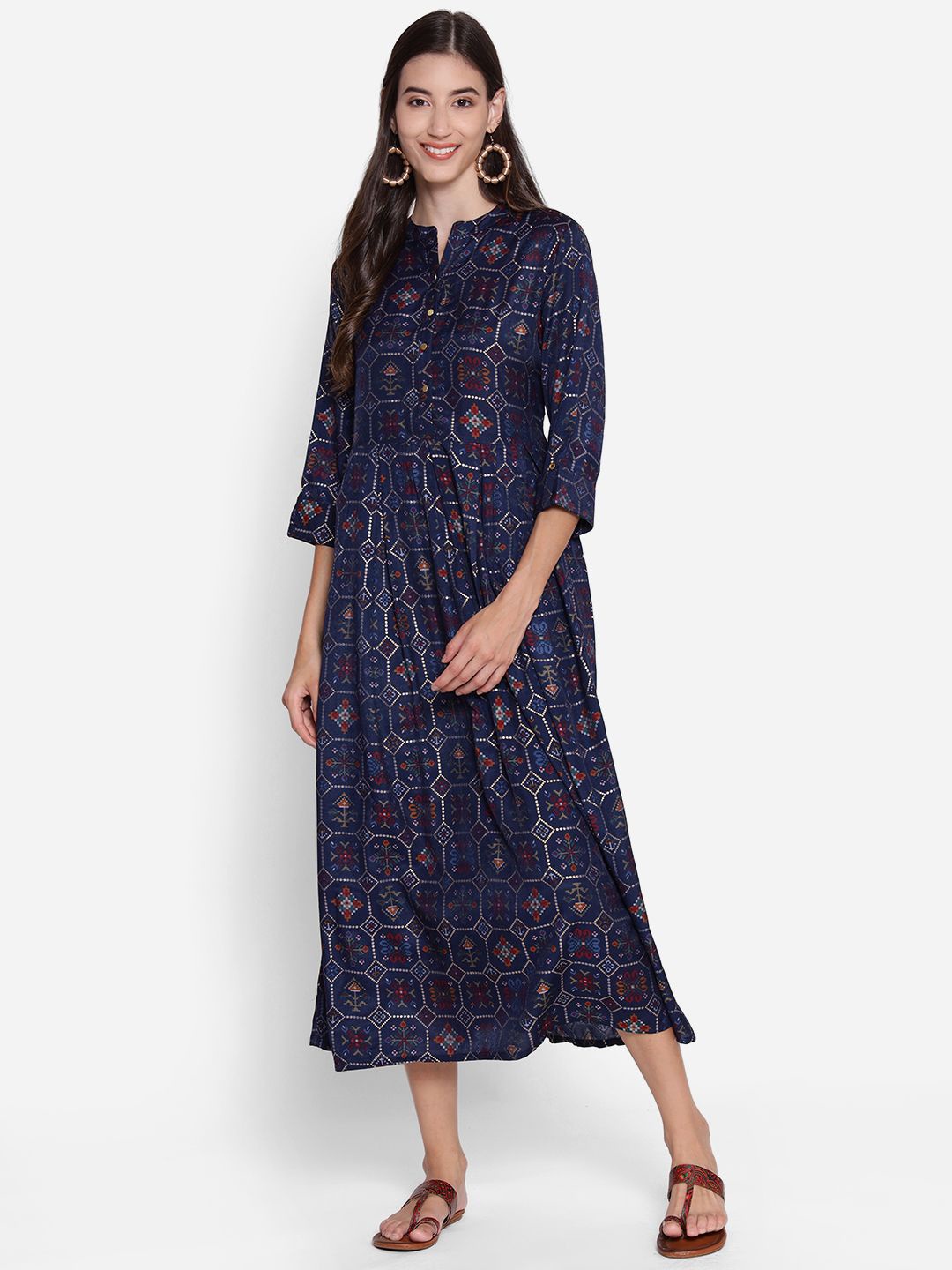 

Shree Printed Fit & Flare Midi Dress, Navy blue