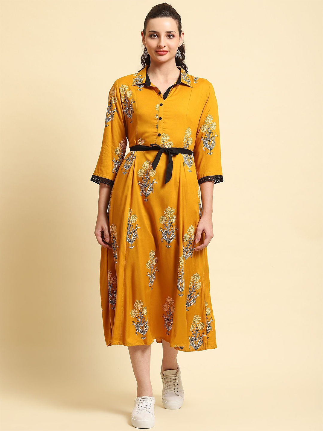 

Shree Ethnic Motifs Printed Liva Fit & Flare Maxi Dress, Mustard