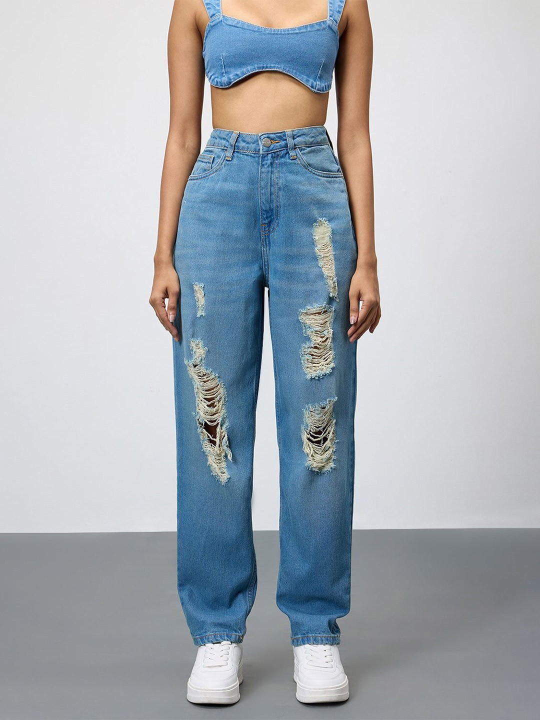 

FREAKINS Women Cotton Slouchy Fit High-Rise Highly Distressed Jeans, Blue