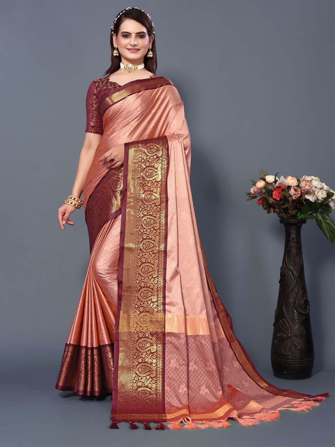

Ekta Textiles Ethnic Motifs Zari Banarasi Saree, Pink