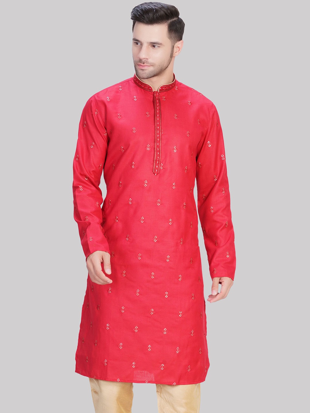 

LA'SCOOT Floral Embroidered Sequinned Stand Collar Pure Silk Straight Kurta with Pyjamas, Maroon