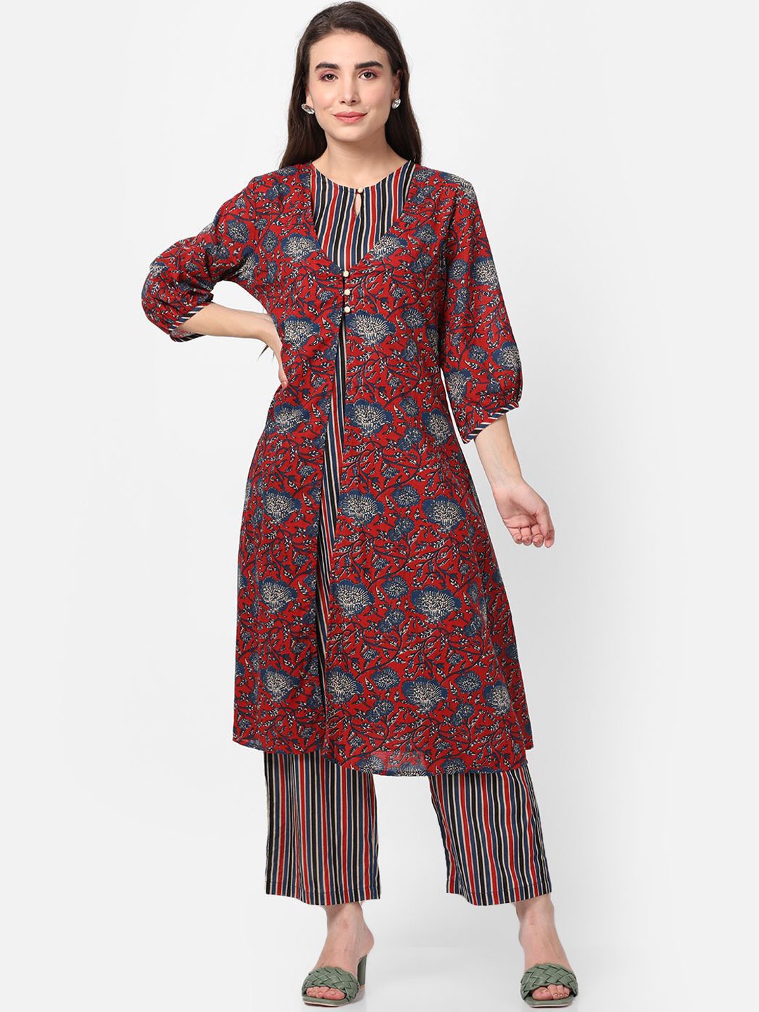 

Shree Striped Regular Pure Cotton A-Line Kurta with Trousers, Maroon