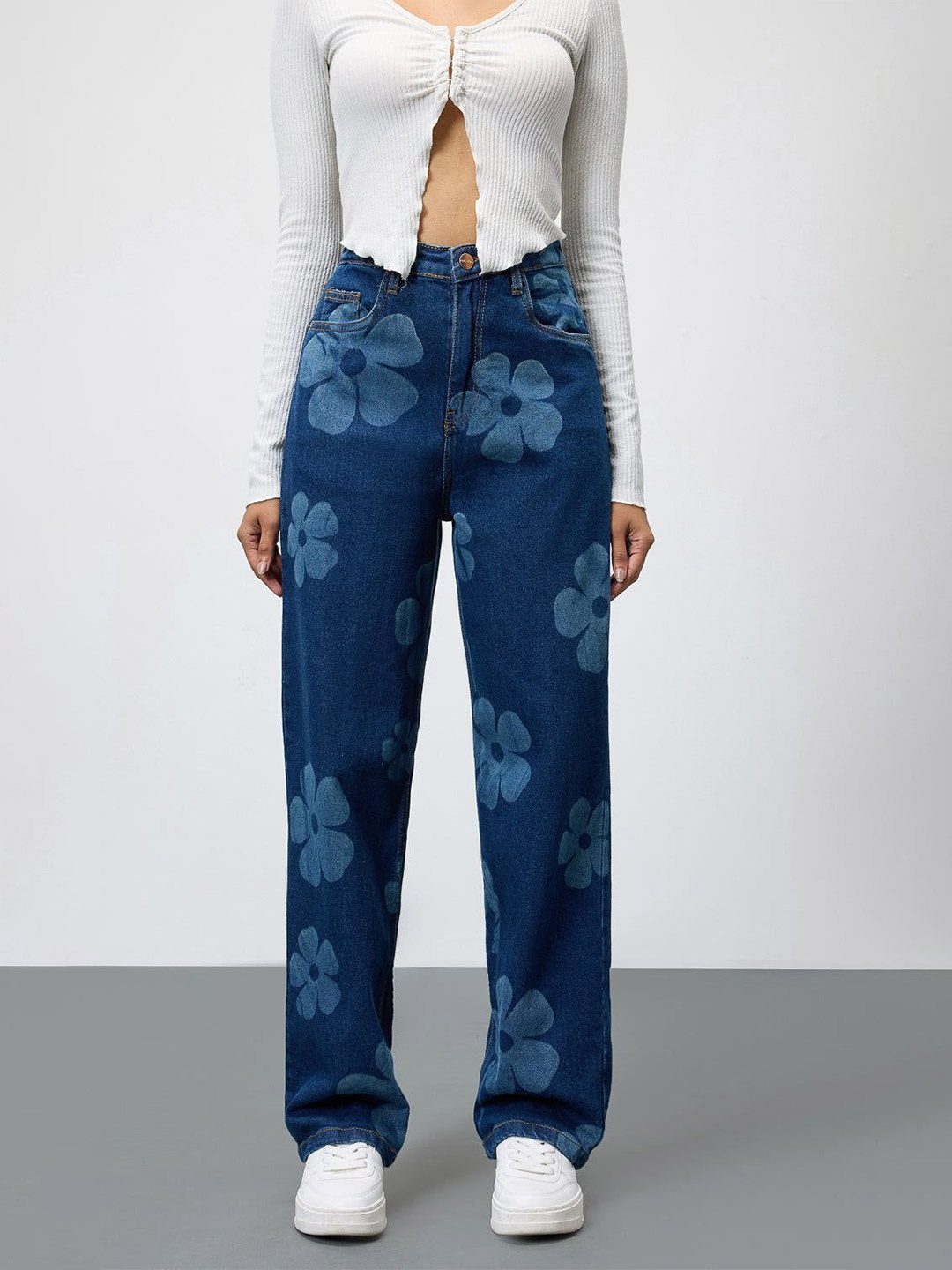 

FREAKINS Women Printed Straight Fit High-Rise Cotton Jeans, Blue