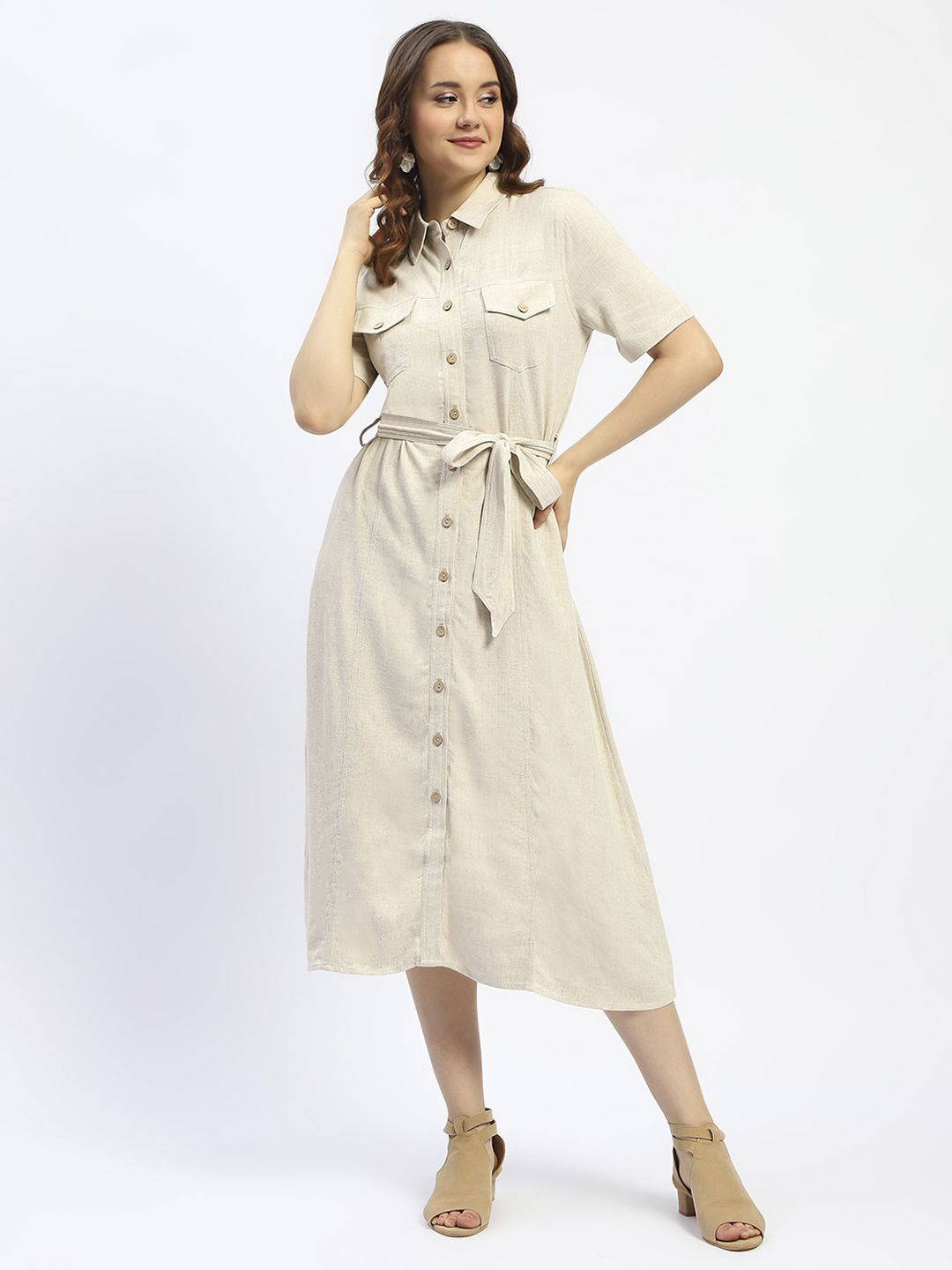 

Madame Solid Shirt Midi Dress, Beige