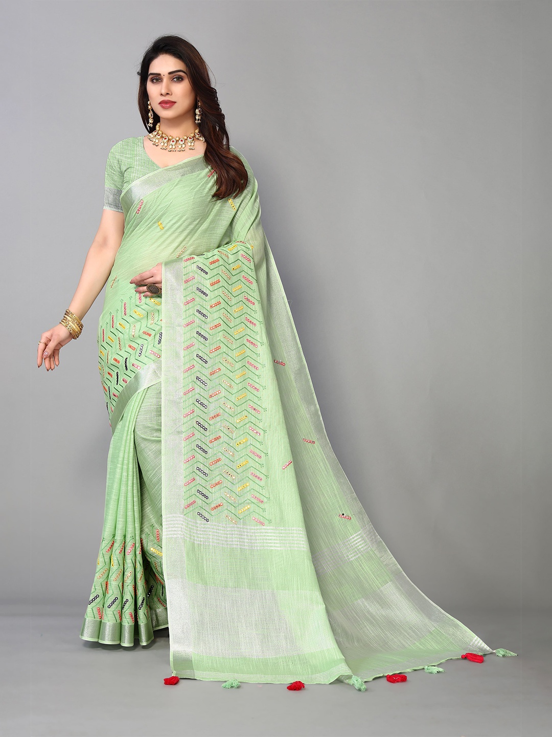

NIRMAL CREATION Ethnic Motifs Zari Maheshwari Saree, Green