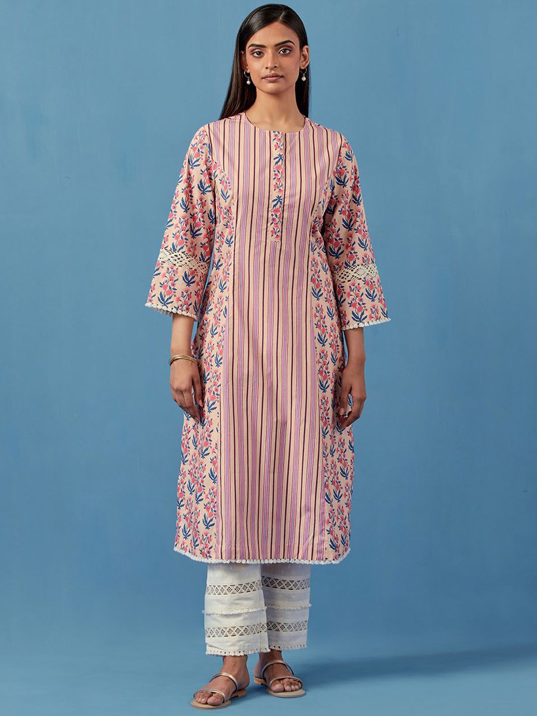 

Sage Saga Women Floral Printed Regular Pure Cotton Kurta with Trousers & With Dupatta, Peach