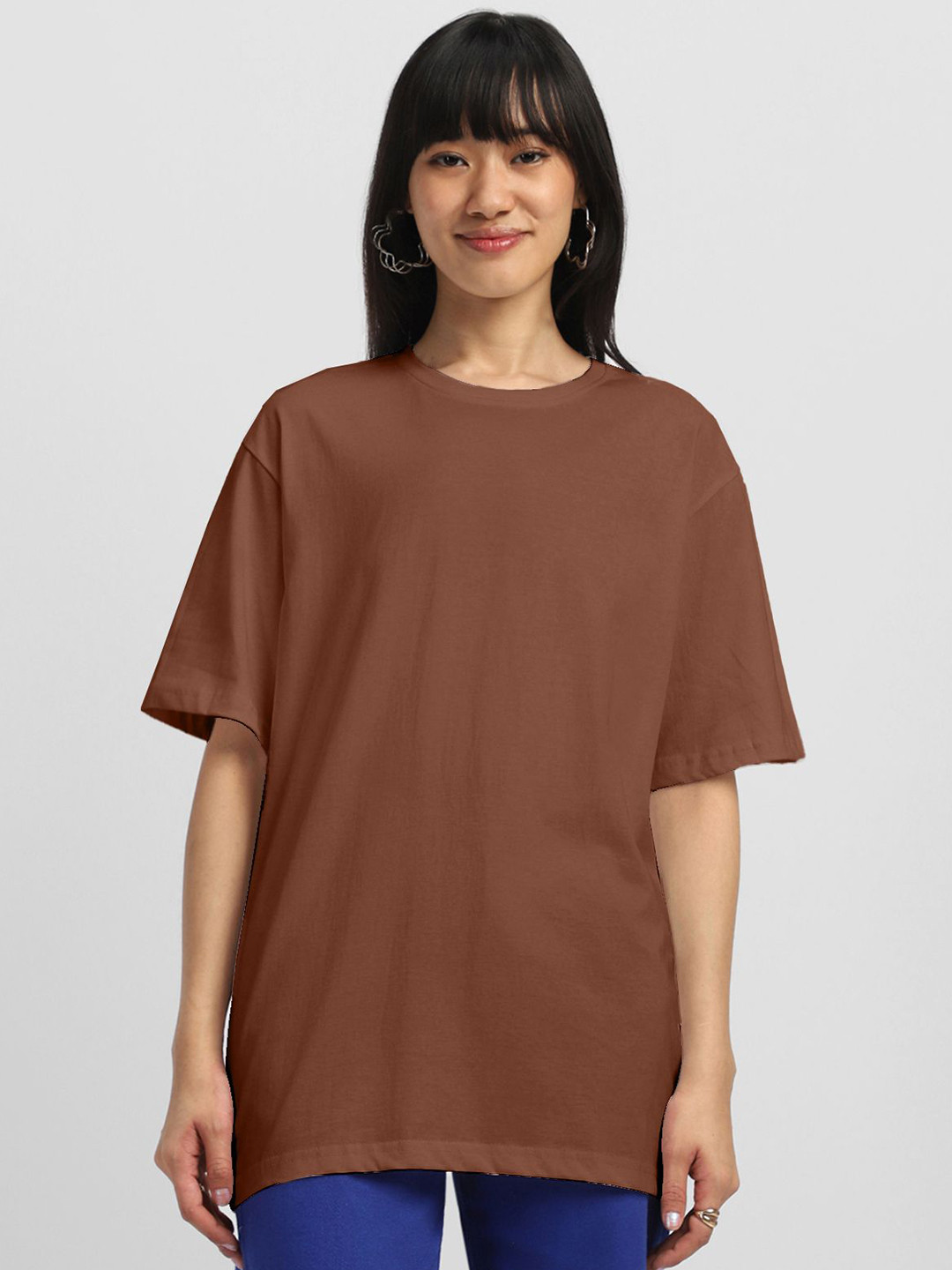 

JUNEBERRY Women Solid Round Neck Pure Cotton Oversized T-shirt, Brown