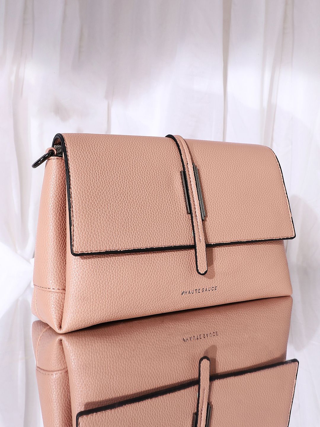 

HAUTE SAUCE by Campus Sutra Leather Structured Sling Bag with Cut Work, Pink