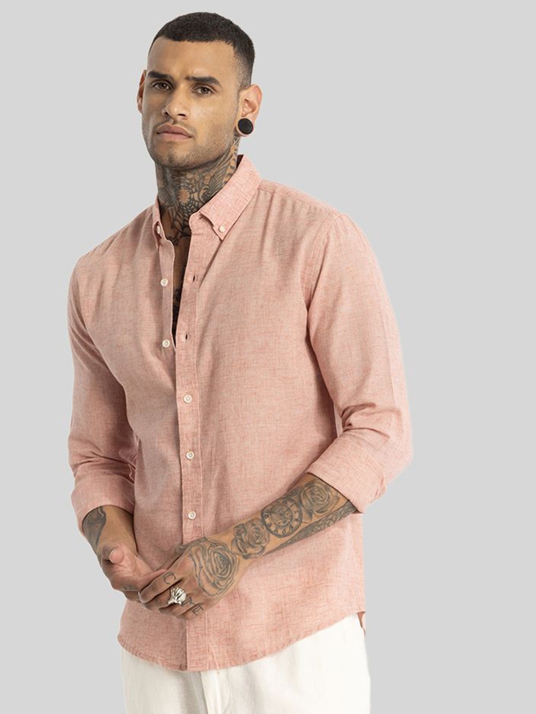 

Snitch Men Smart Button-Down Collar Solid Lyocell Casual Shirt, Peach