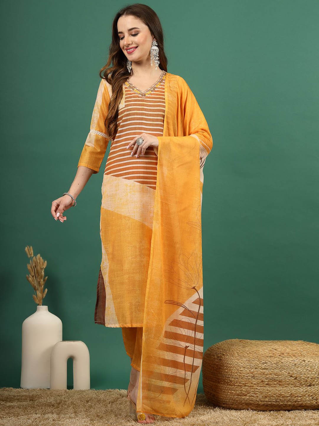 

Sangria Yellow & Brown V-Neck Straight Kurta With Trouser & Dupatta