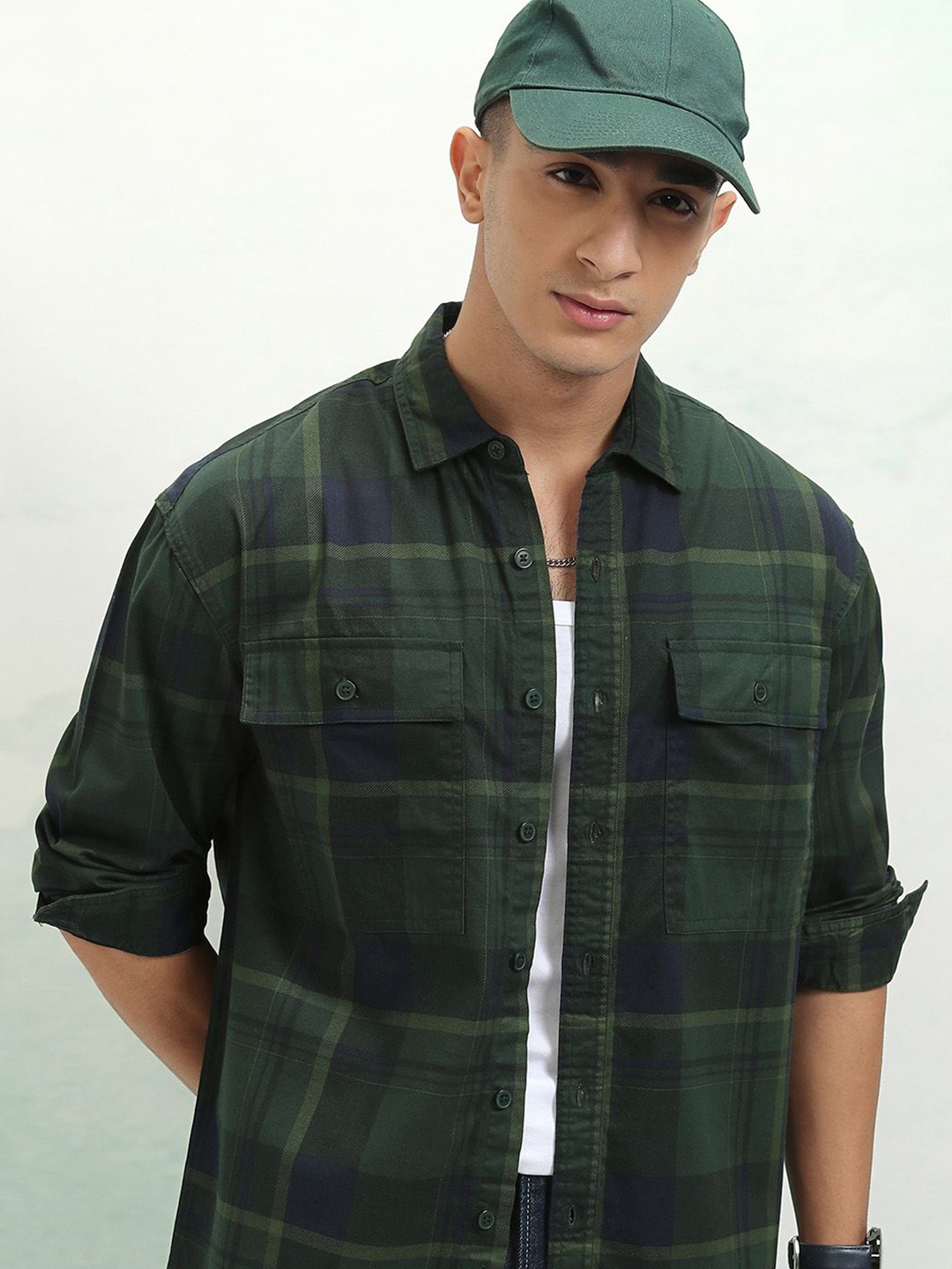 

HIGHLANDER Men Sulphur Washed Printed Checked Stylised Pocket Oversized Shirt, Green