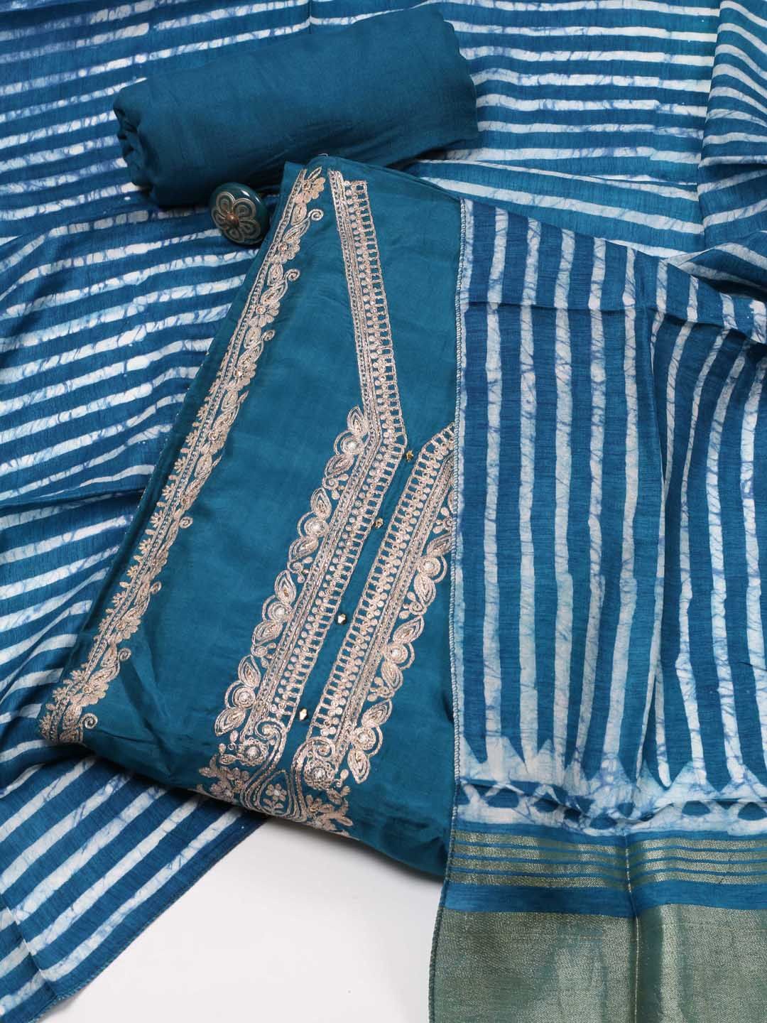 

Meena Bazaar Ethnic Motifs Sequinned Art Silk Unstitched Dress Material, Teal
