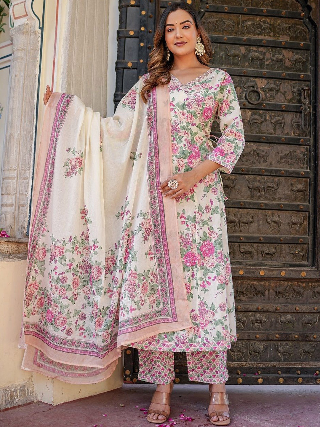 

Benaaz Floral Printed Sequinned Pure Cotton Straight Kurta With Trousers & Dupatta, Cream