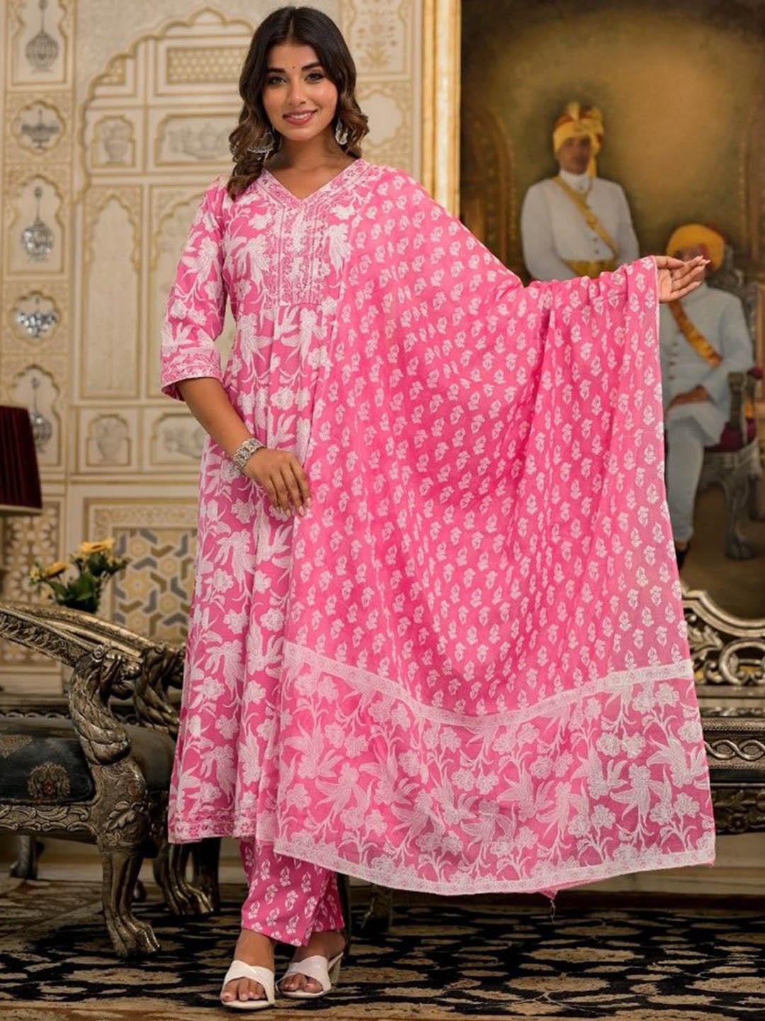 

Juniper Floral Printed Sequinned Anarkali Kurta With Trousers & Dupatta, Pink