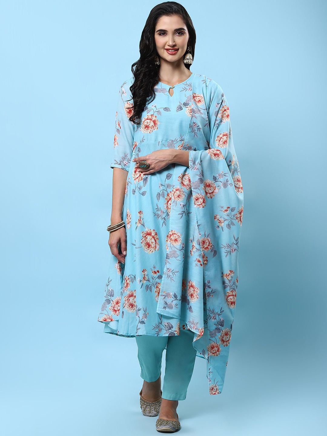 

Shree Floral Printed Anarkali Kurta With Trousers & Dupatta, Turquoise blue